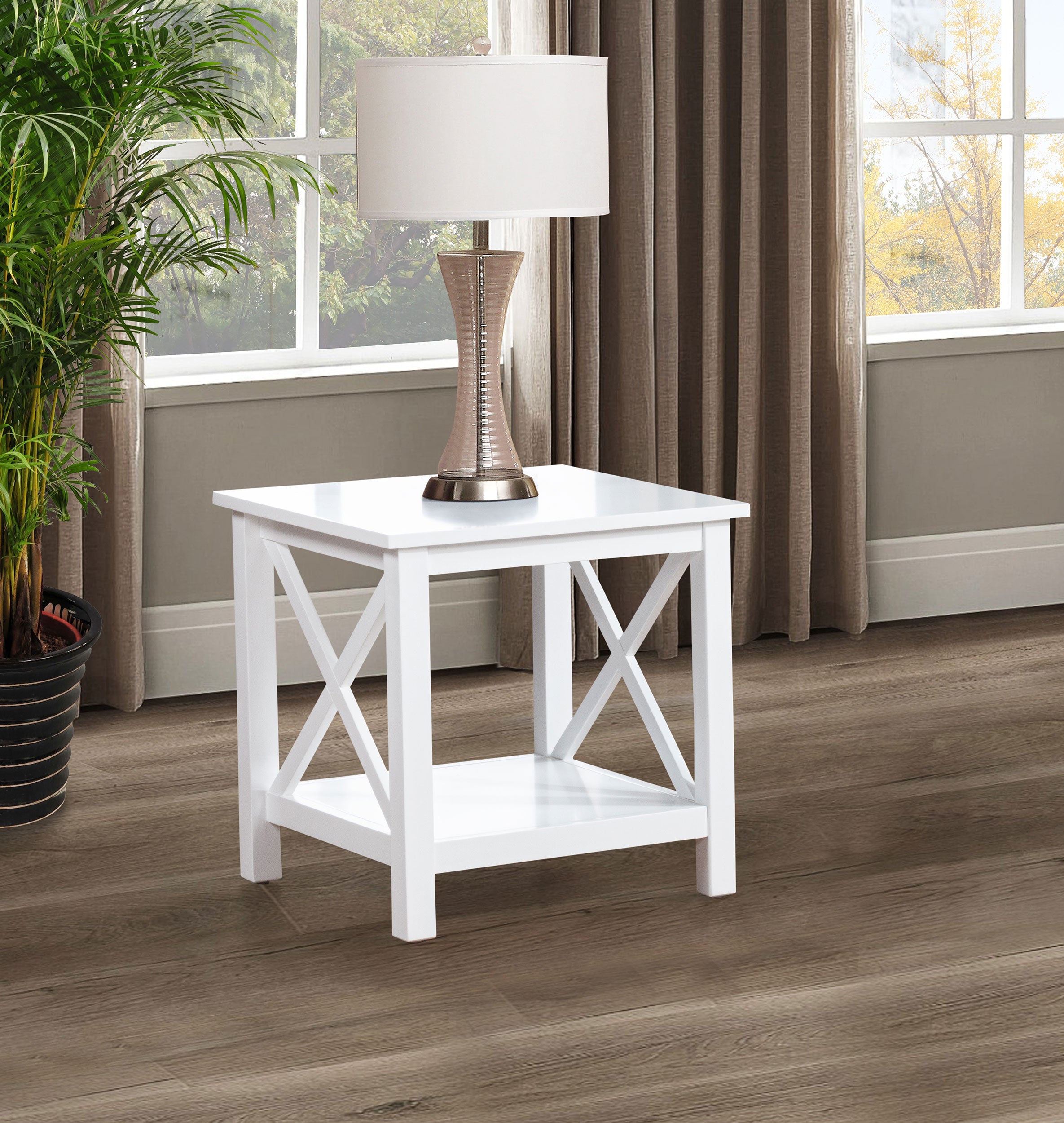 Skyview Square Pine Wood Side End Table with Shelf White-