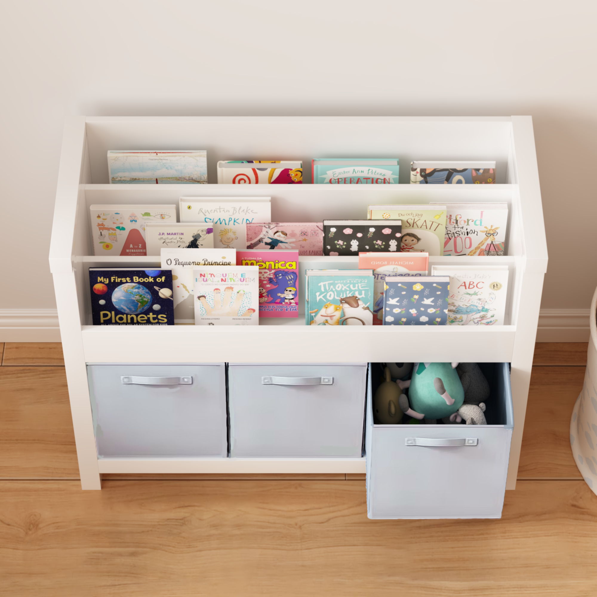 Bookshelf With 3 Tier Front Facing Storage And 3 Bins, Toddler Bookcase For Playroom - White