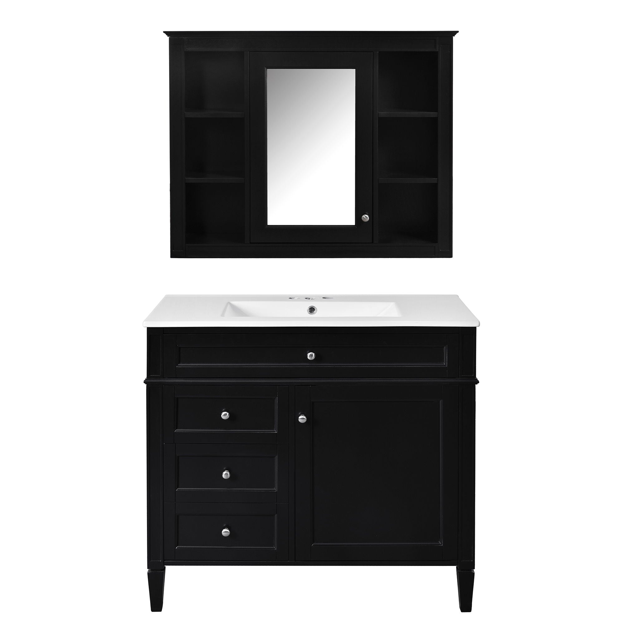 Bathroom Vanity With Mirror Cabinet, Single Sink With 2 Soft Closing Doors And 4 Drawers
