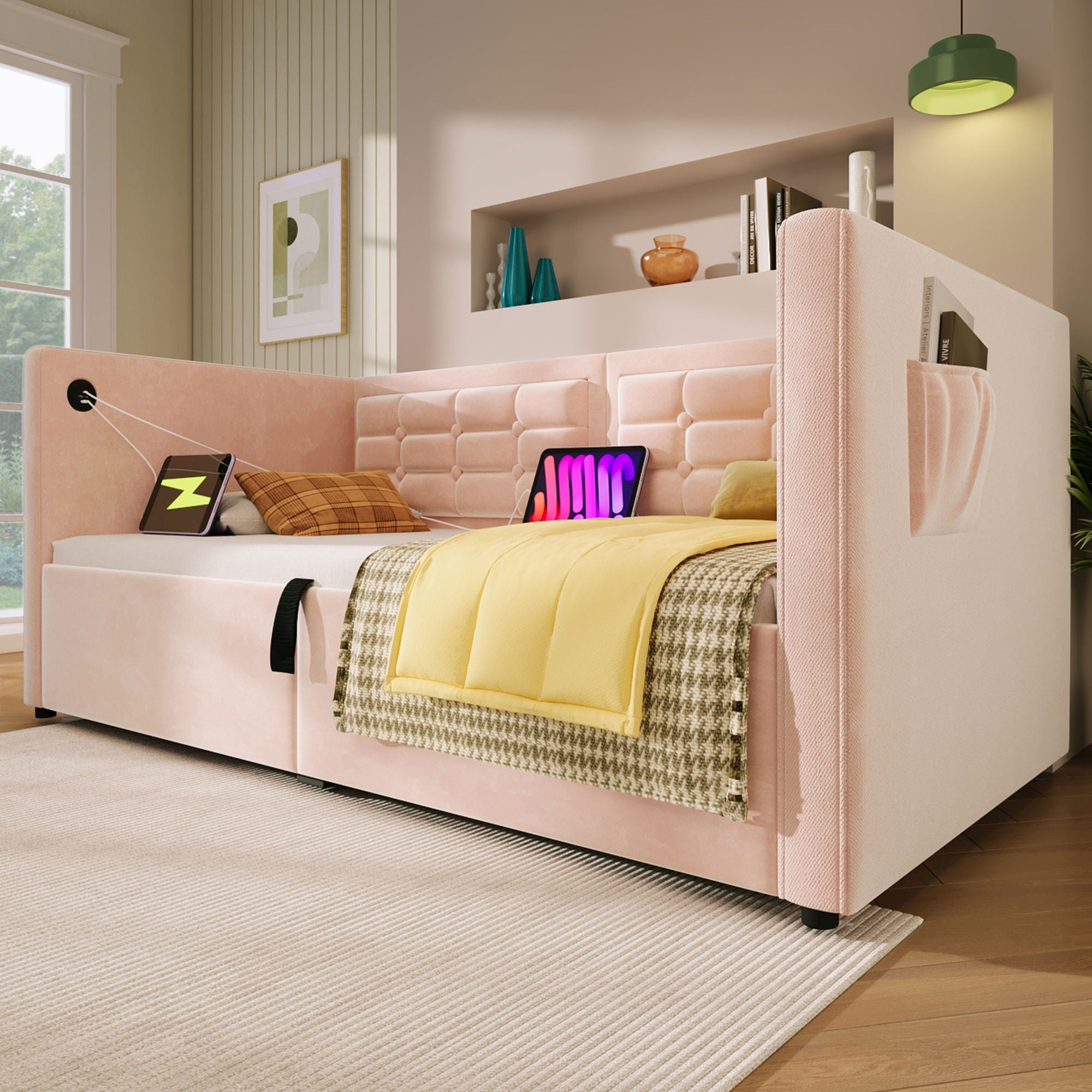 Upholstered Hydraulic Storage Daybed With USB & Type C Charging