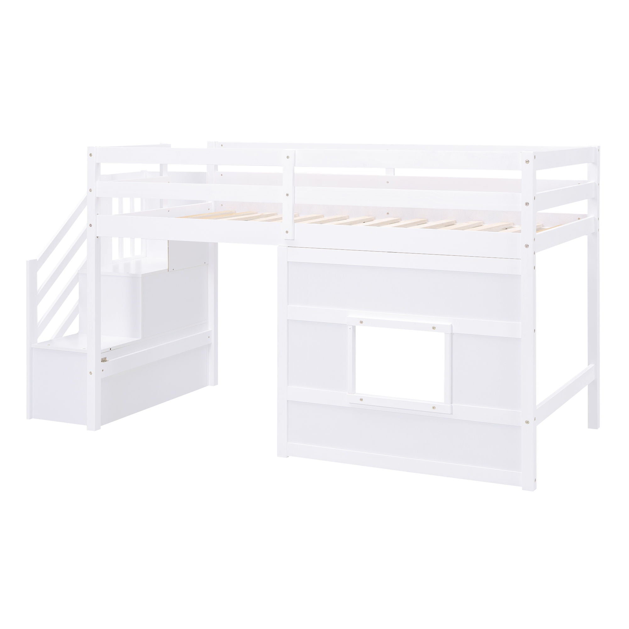 Loft Bed With Storage Staircase, Window & LED Light