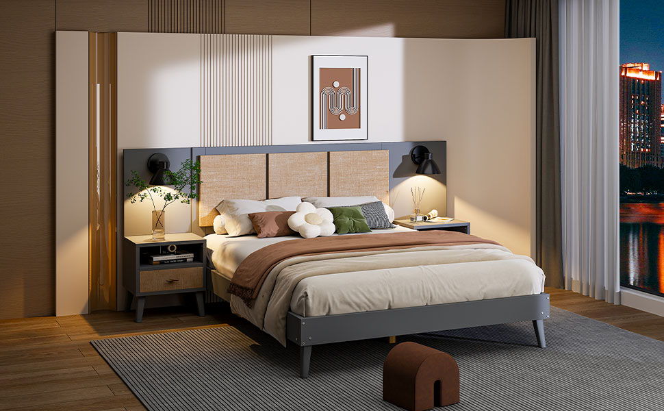Bed Frame With 2 Nightstands Elegant Design With Lamps