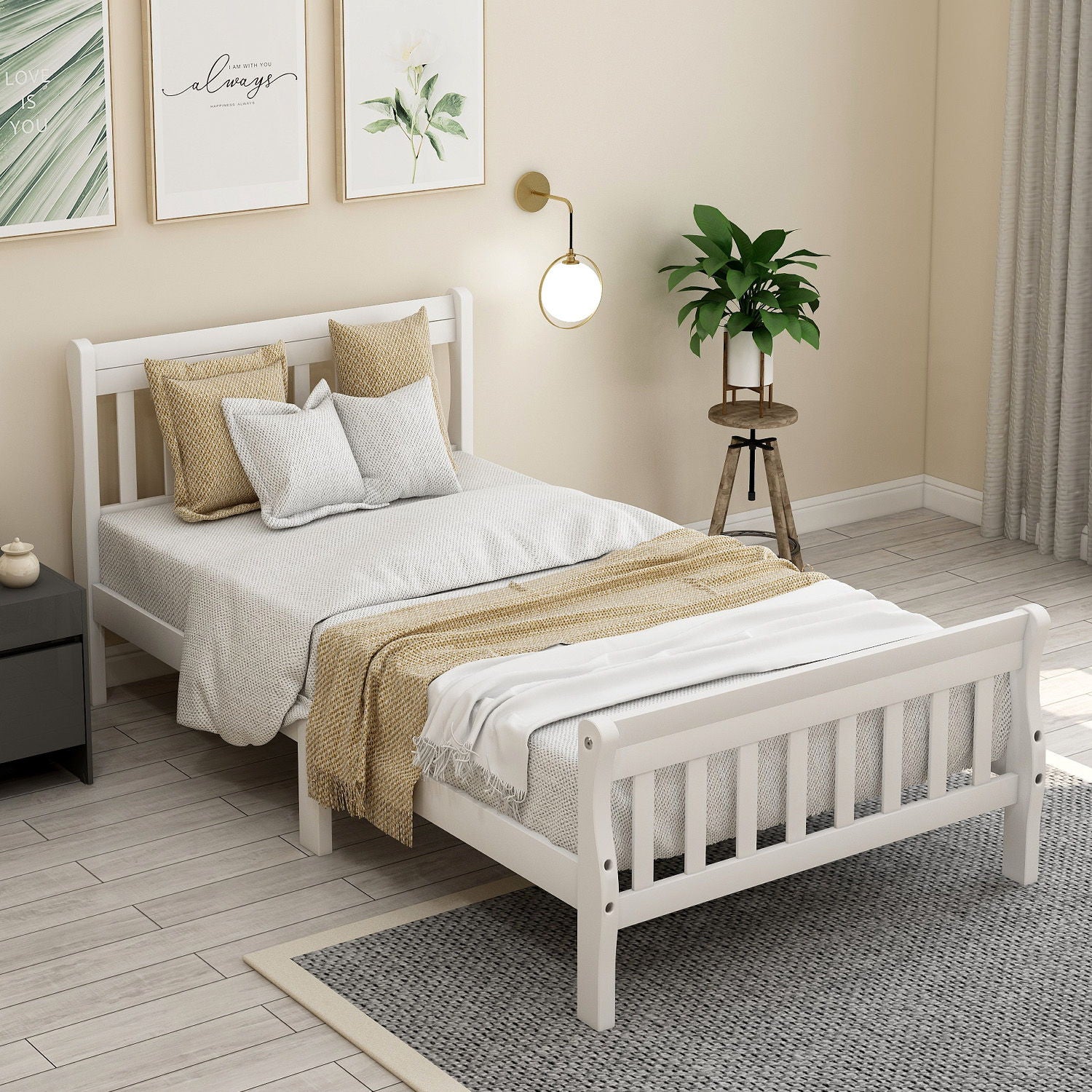 Platform Bed, Mattress Foundation Sleigh Bed With Headboard, Footboard, Slat Support