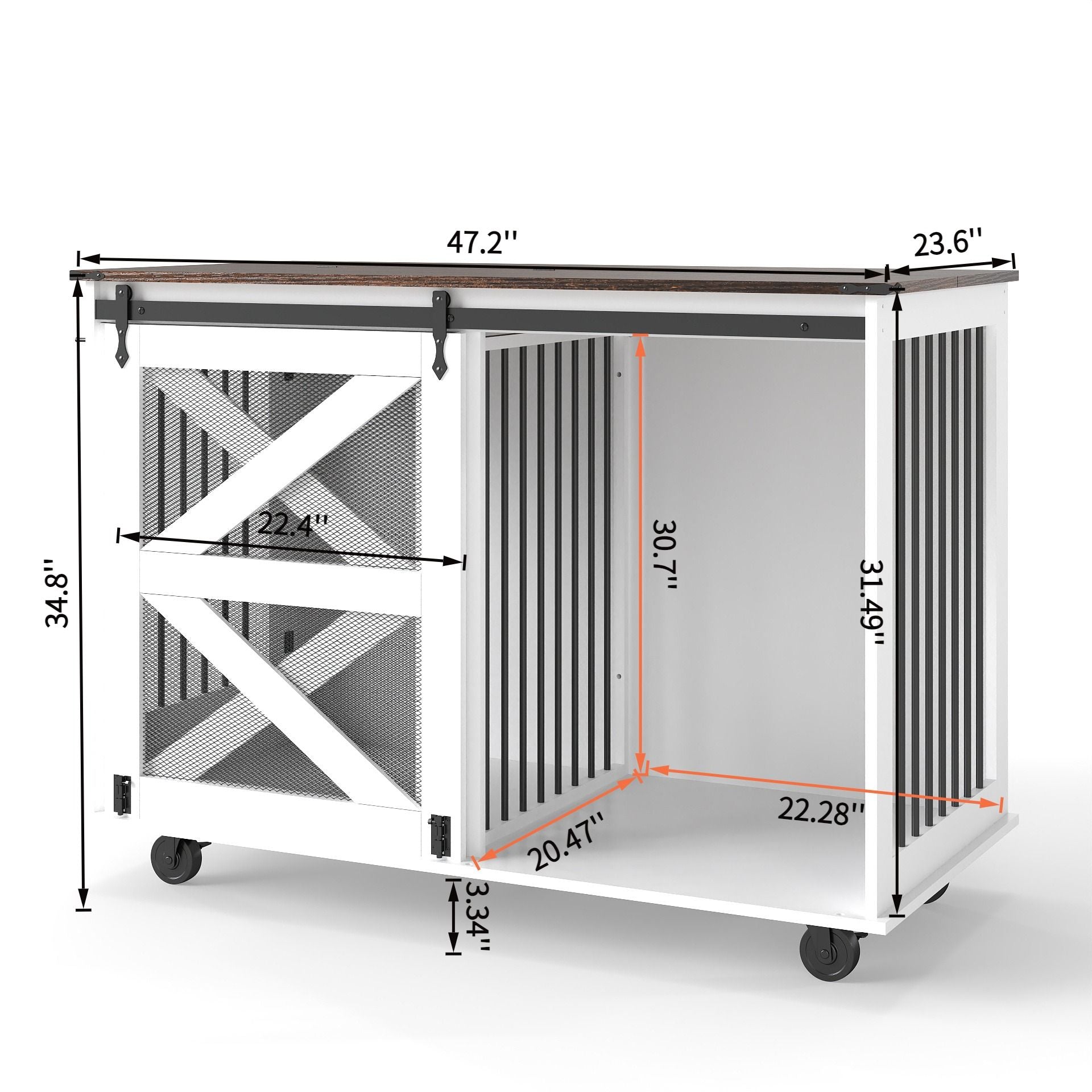 Mobile Dog Crate With Flip Top Feeding Door, Dual Access & 5 Caster System (2 Locking) - Brown White