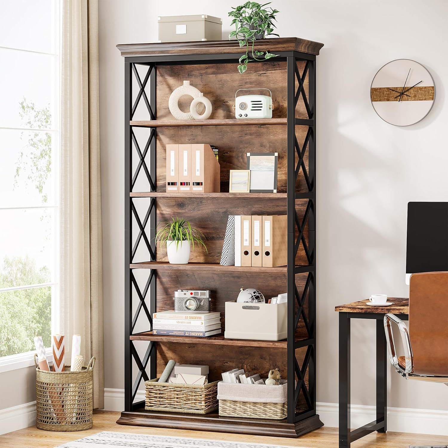 6 Tier Industrial Brown & Bookshelf With X Pattern Design - Rustic Brown