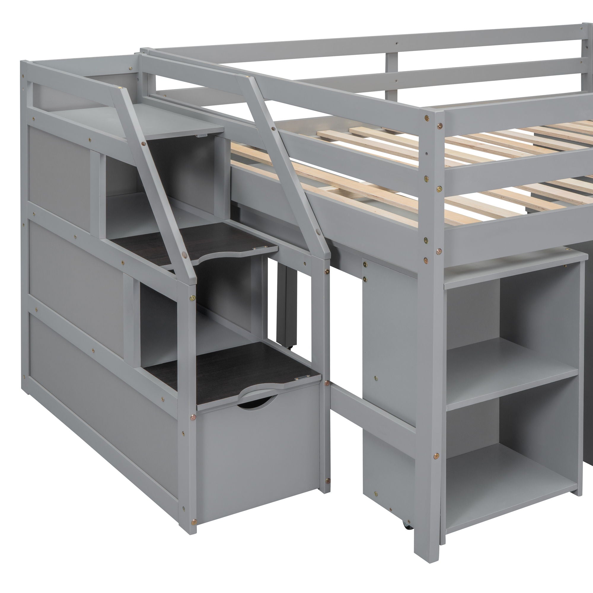 Loft Bed With Retractable Writing Desk And 3 Drawers With Storage Stairs And Shelves