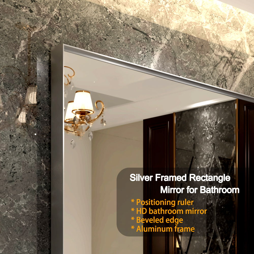 Glossy Framed Mirror For Bathroom Rectangular Wall Bathroom Mirror Metal Frame Farmhouse Mirror Large Decorative Square Corner Rectangle Mirror (Horizontal & Vertical) - Brushed Silver