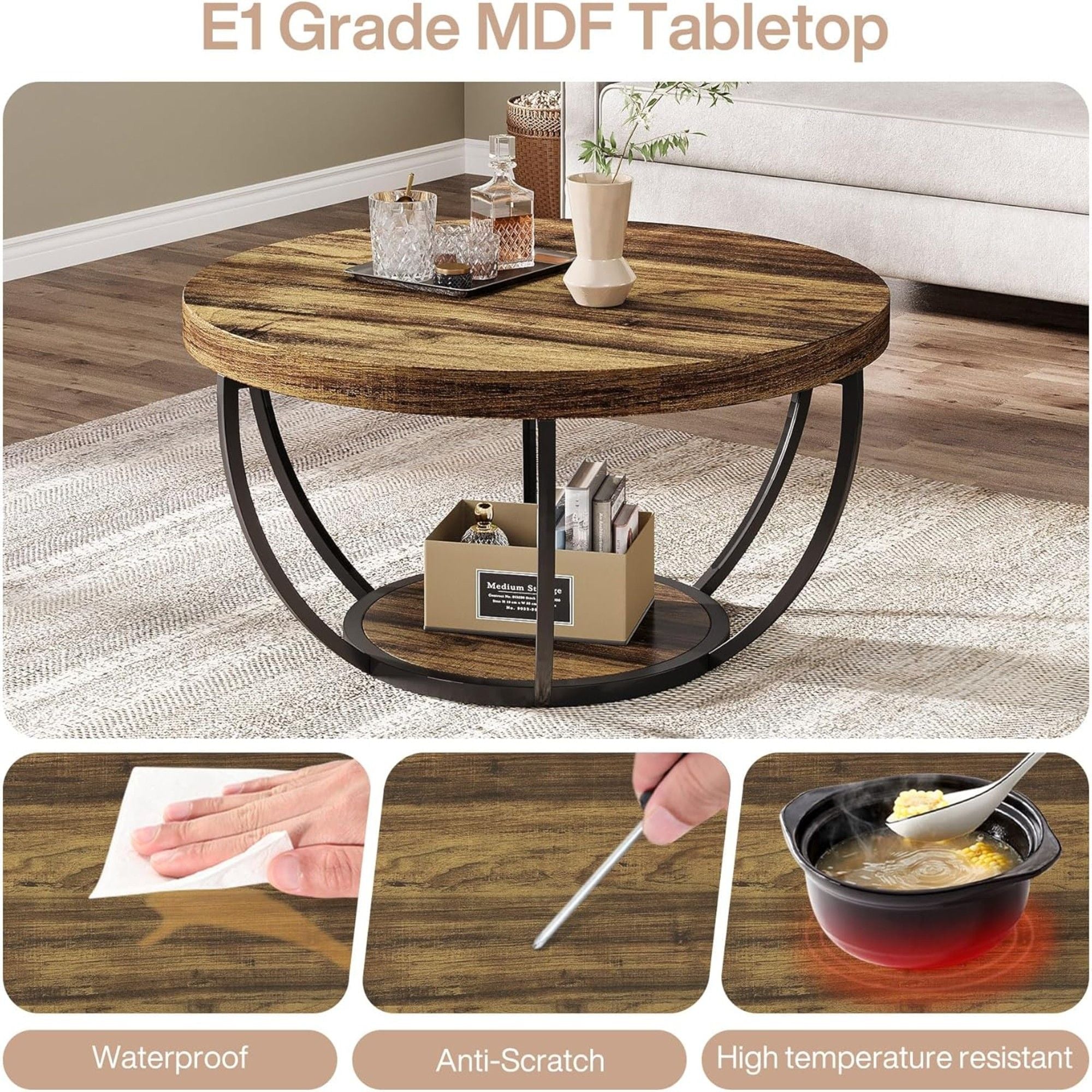 2 Tier Circle Coffee Table With Storage Shelves