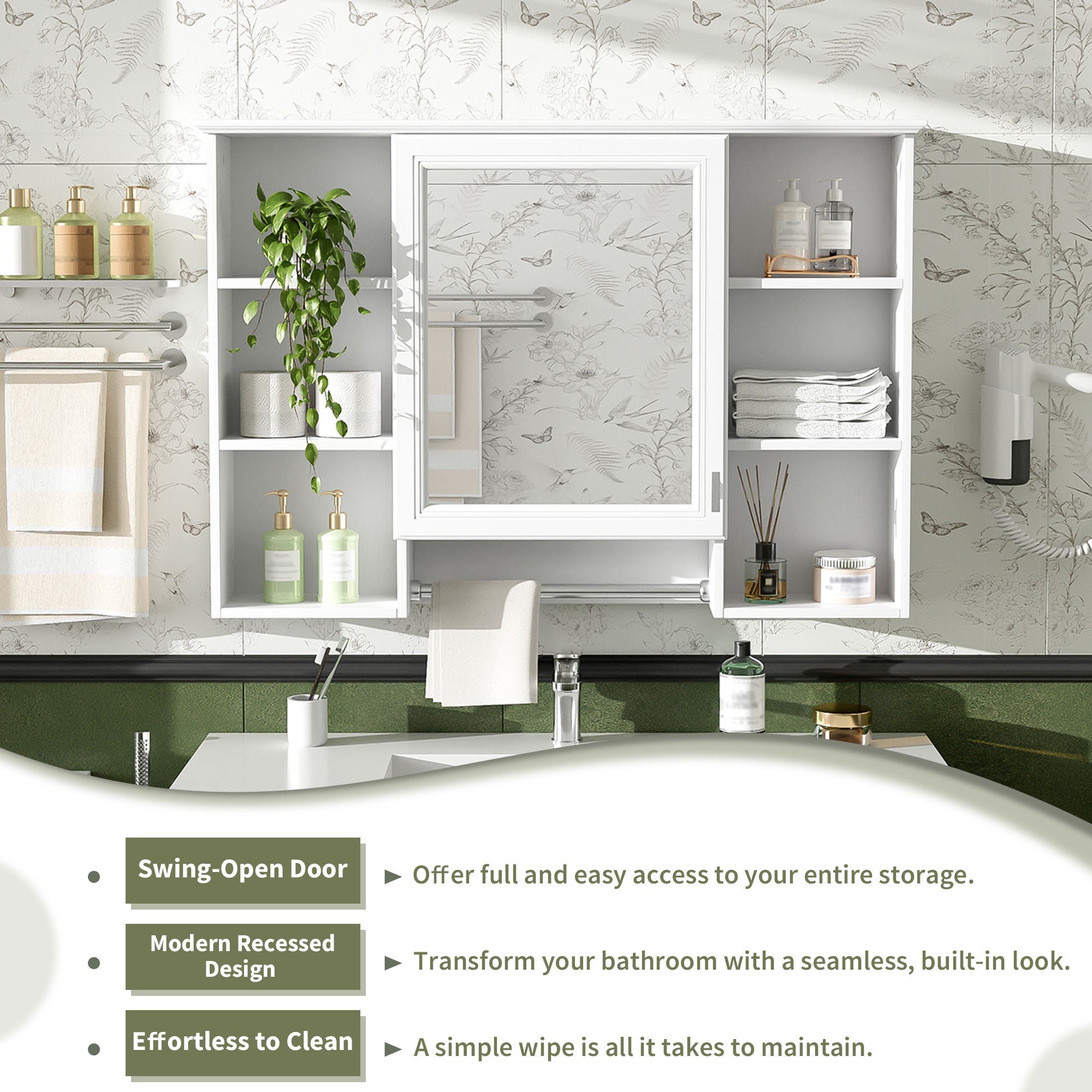 3 In 1 Modern Bathroom Mirror Cabinet With Adjustable Shelf, Soft Close Door, High Definition Mirror & Towel Bar