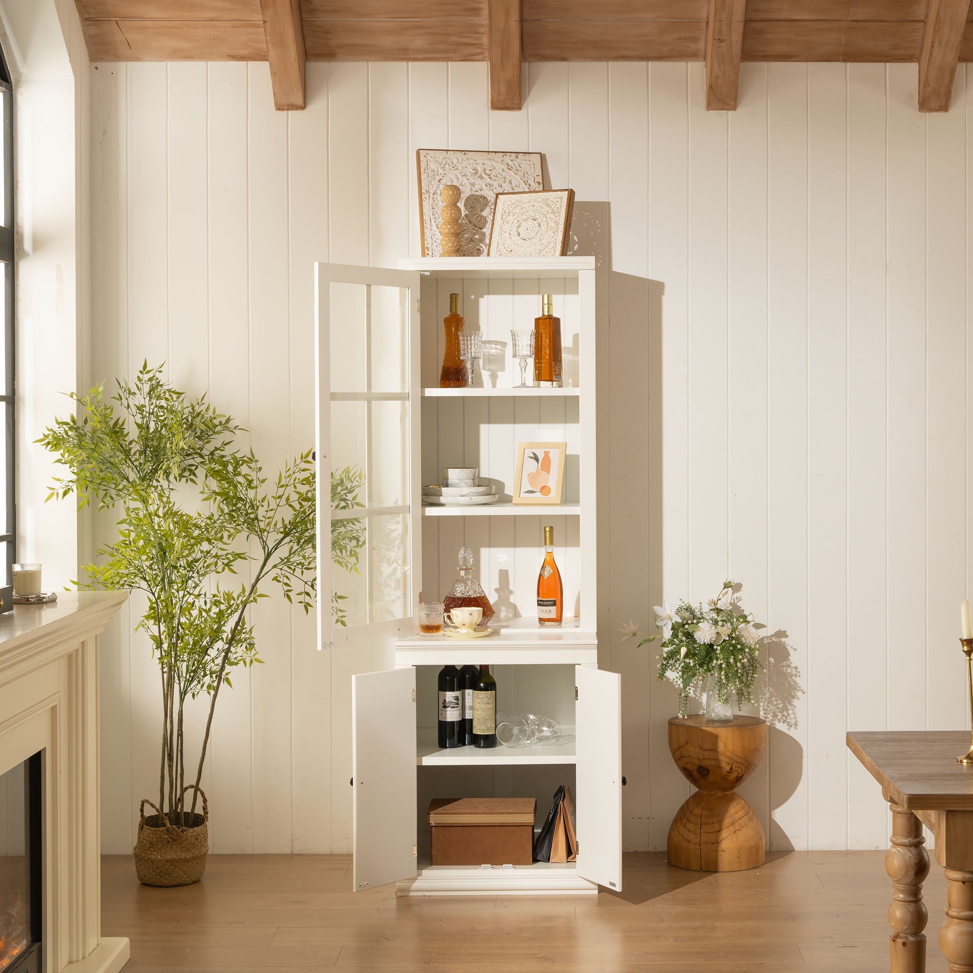 Retro Style Hutch Cabinet With Glass Door, China Cabinet For Home