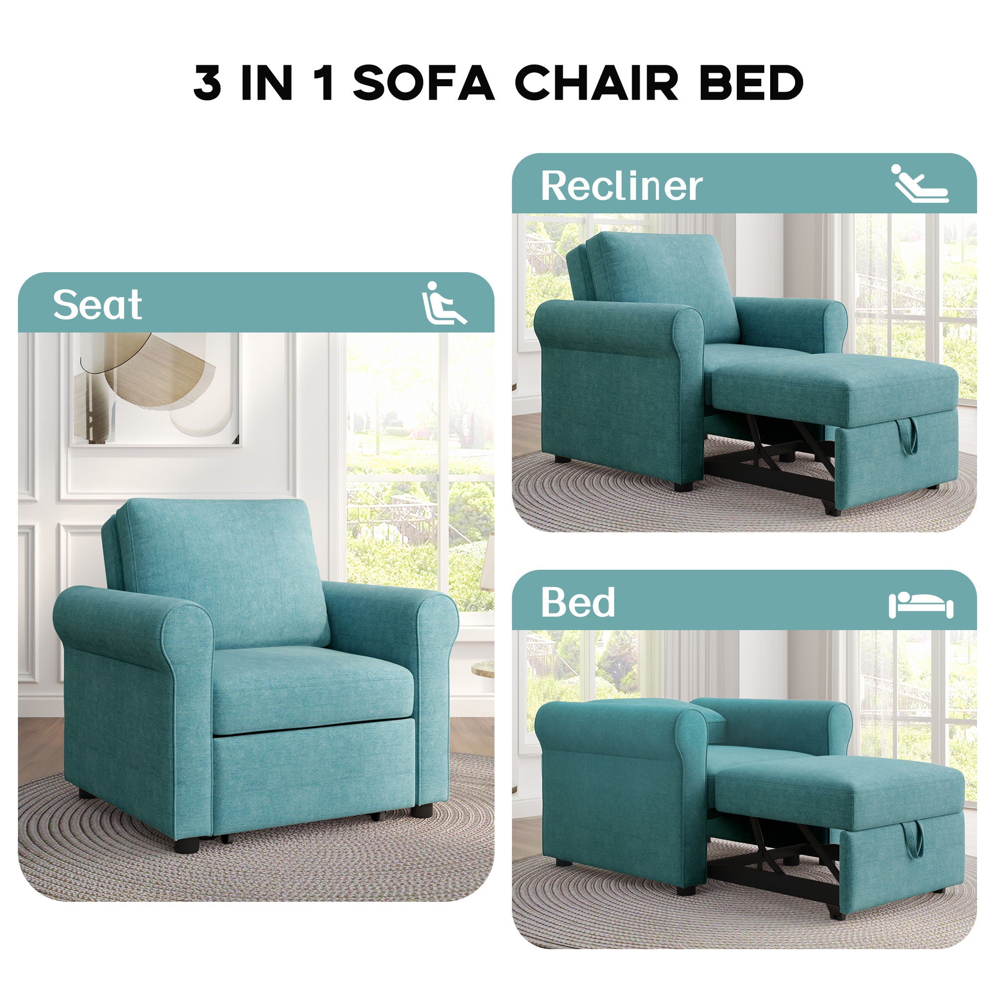 Modern 3 In 1 Convertible Sleeper Chair Bed, Linen Upholstery, Adjustable Backrest