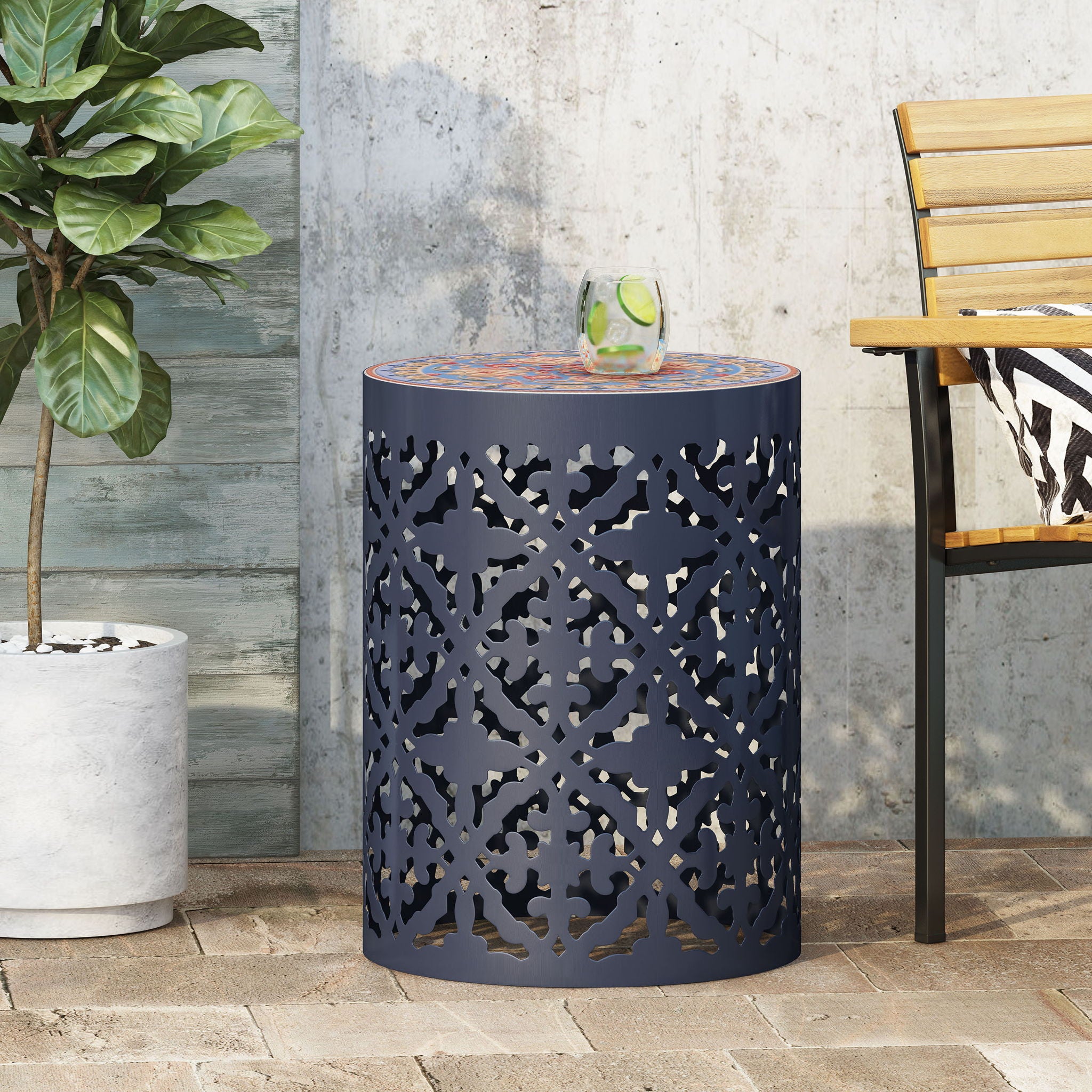 Airy - Outdoor Side Table With Lace Cut Design And Metal Frame