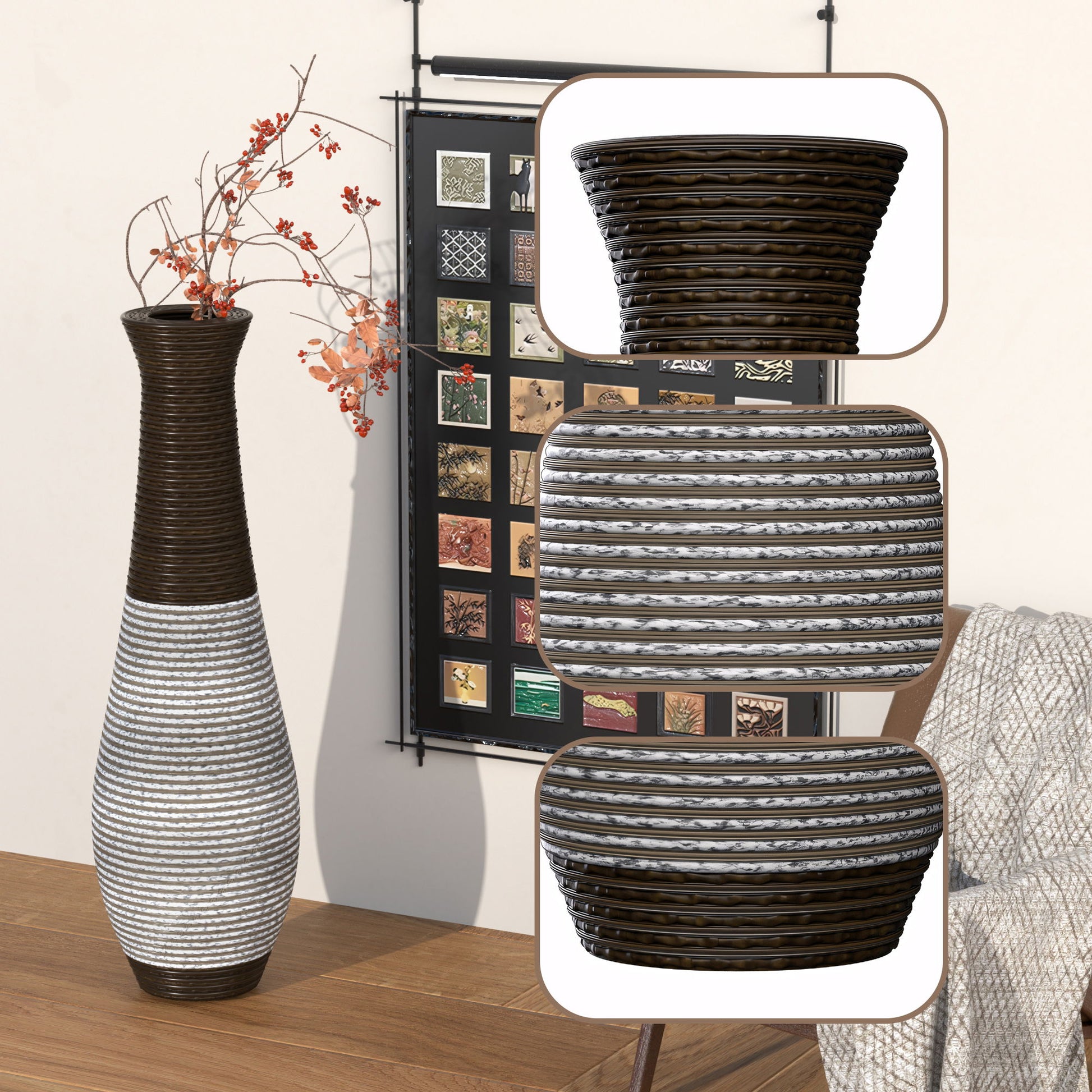 Tall Standing Designer Floor Vase Durable Artificial Rattan Elegant 2 Tone Finish Ideal Decor Accent For Living Room, Bedroom, Entryway Stylish Home Decor Statement Piece - Black / Gray - Best Buy Furniture