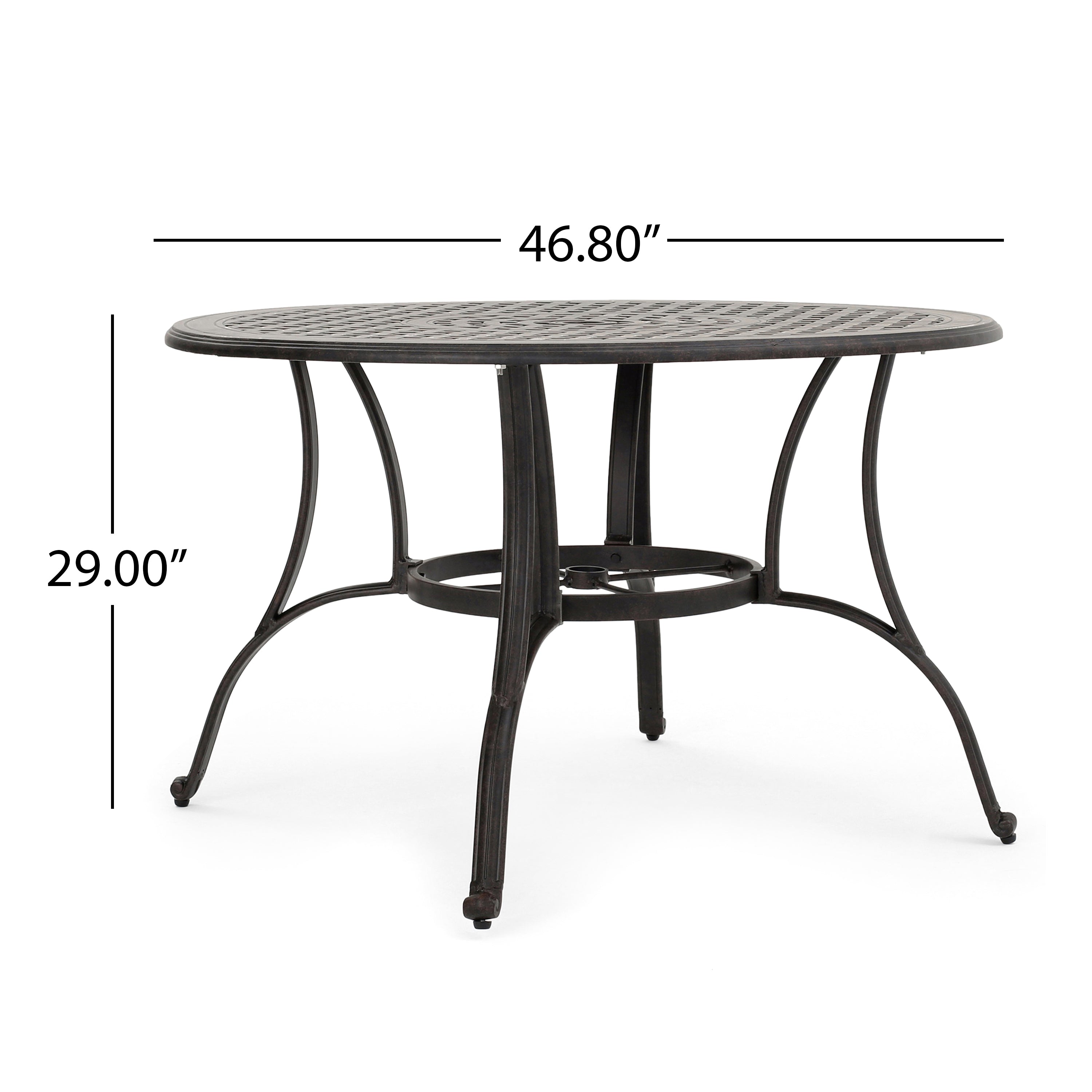 Outdoor cast aluminum circular dining table, bronze