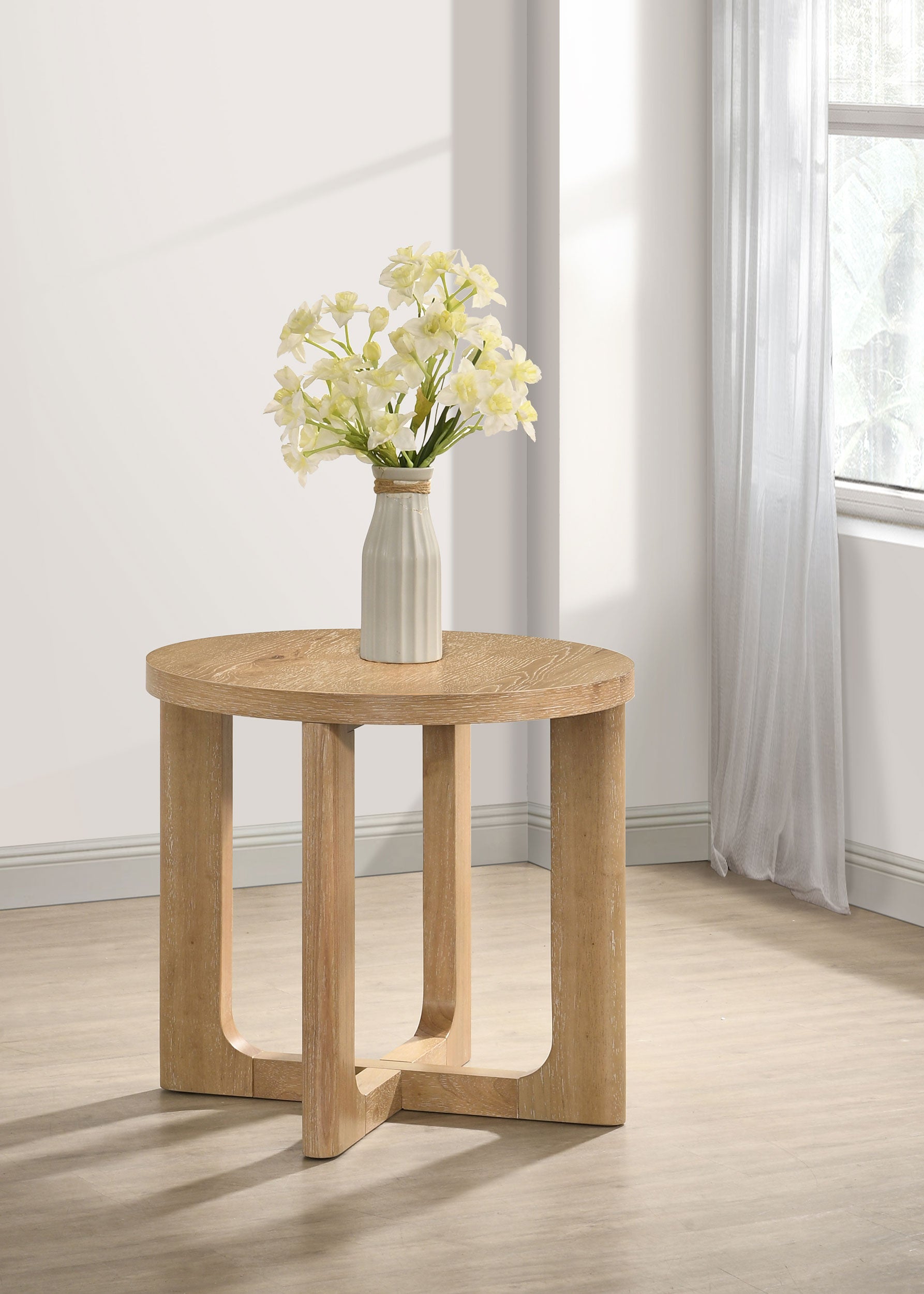 Kessler Round Sculptural Wood End Table Light Oak-