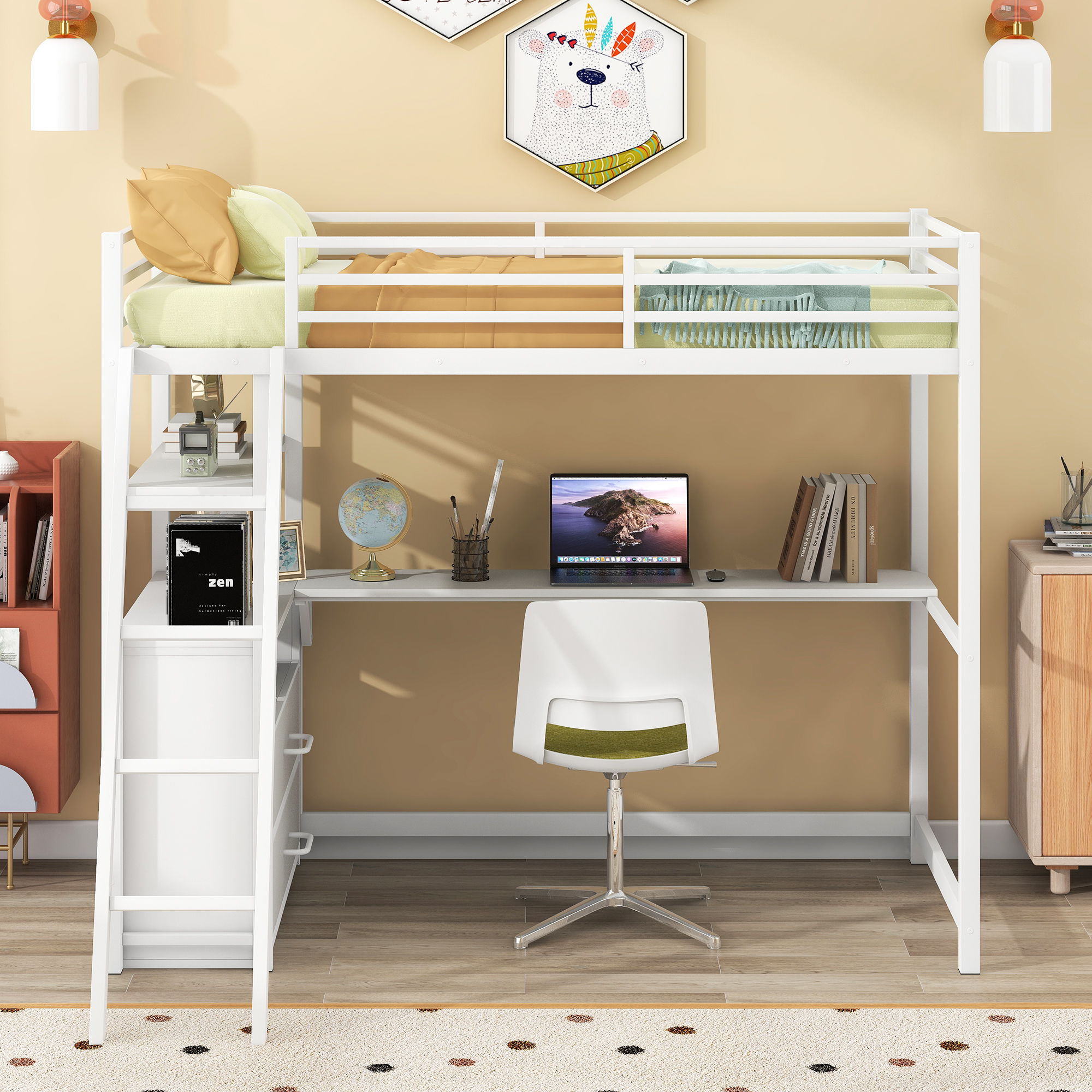 Twin Size Metal & Wood Loft Bed With Desk And Shelves - White