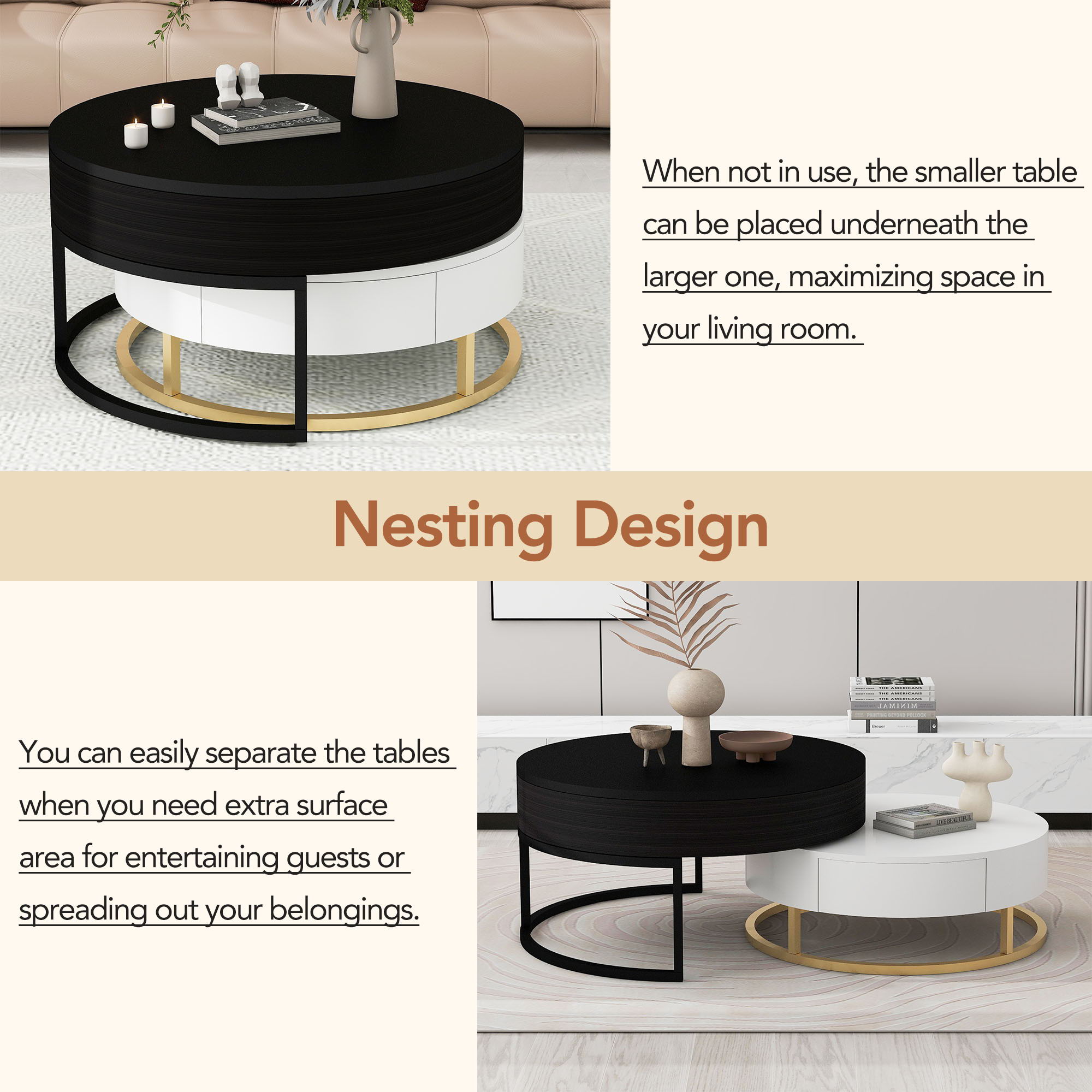 Modern Round Lift-Top Nesting Coffee Tables With 2 Drawers