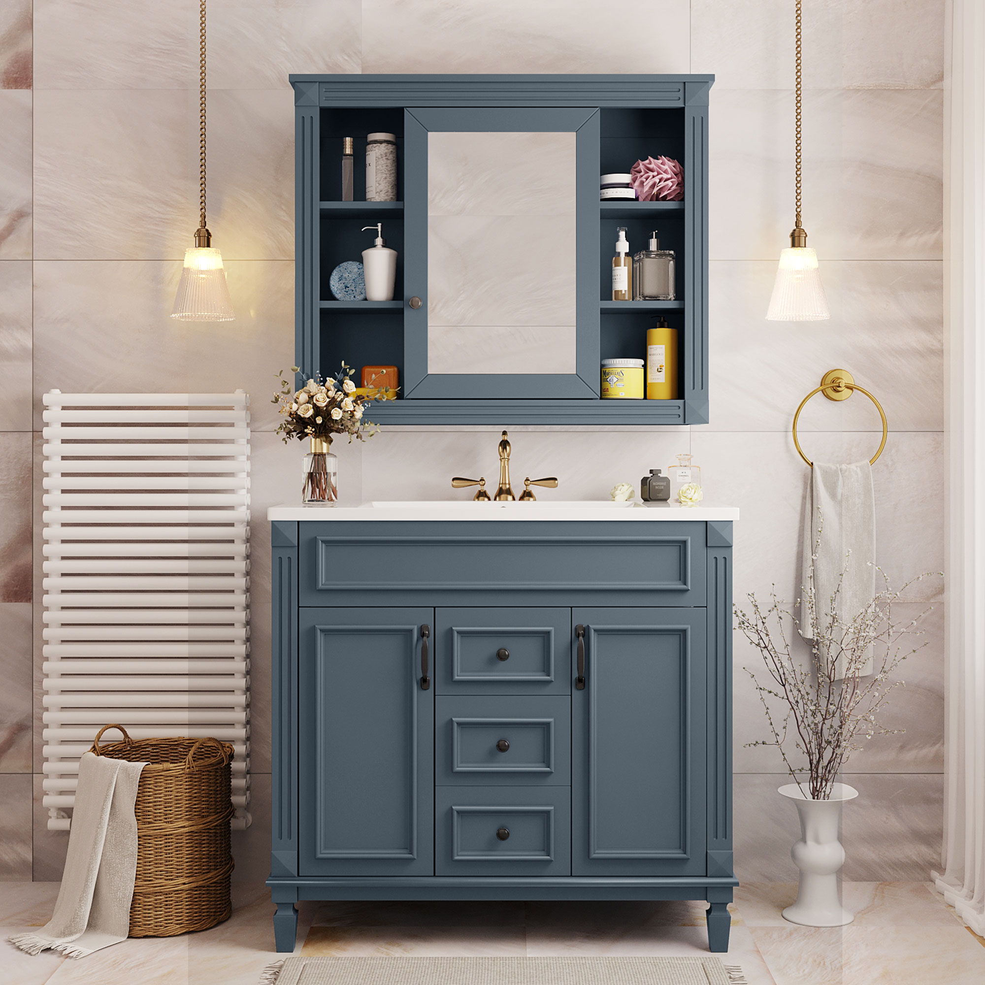 Bathroom Vanity With Top Sink, Mirror Cabinet, 2 Soft Closing Doors & 2 Drawers