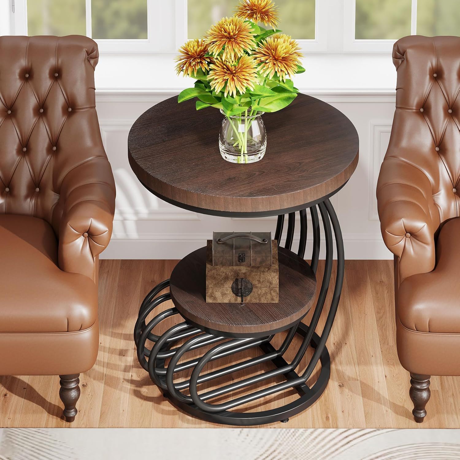 Round Vintage End Table With 2 Tier Storage