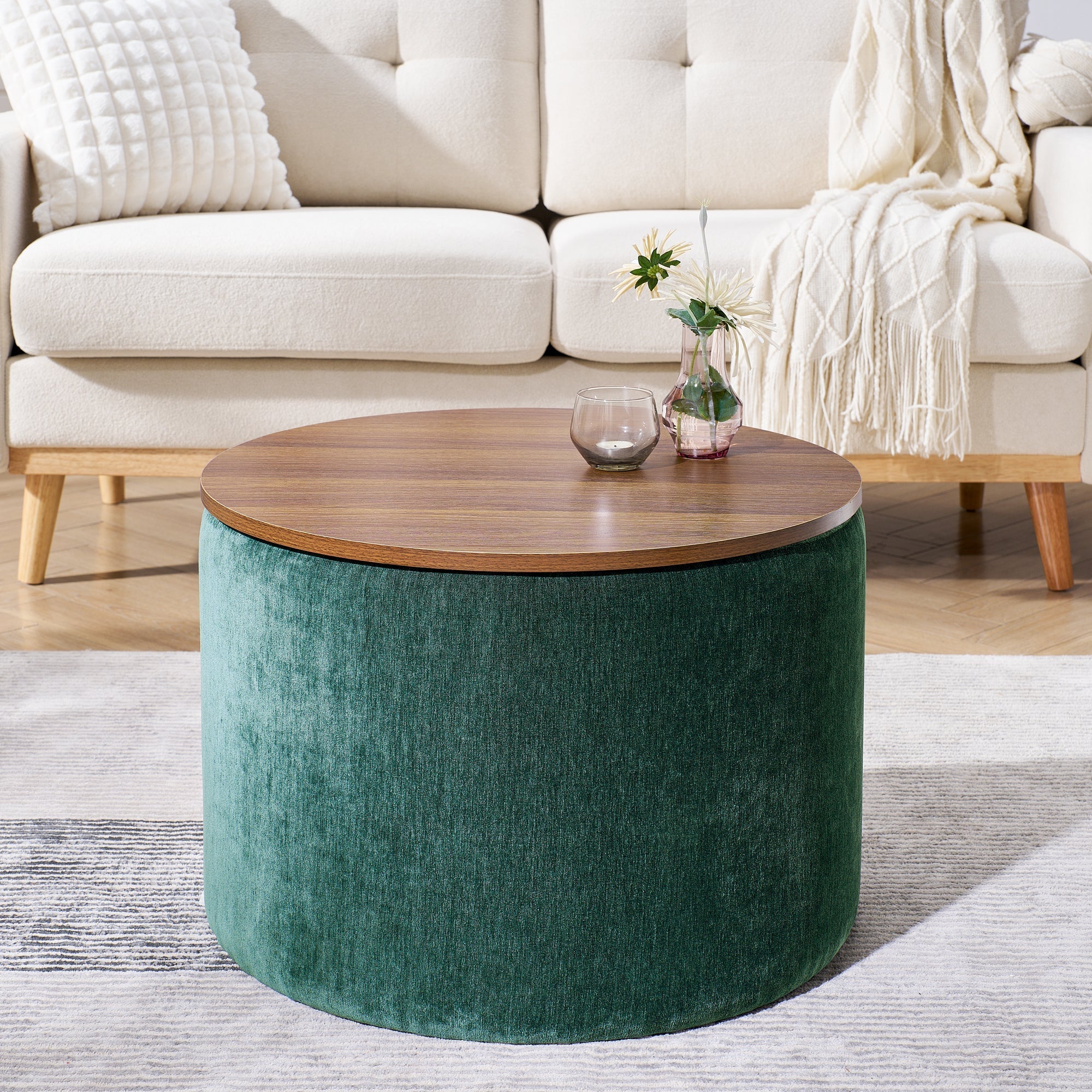 Classic Style 2-Piece Round Chenille Storage Ottoman Set with Drum Shaped Stool