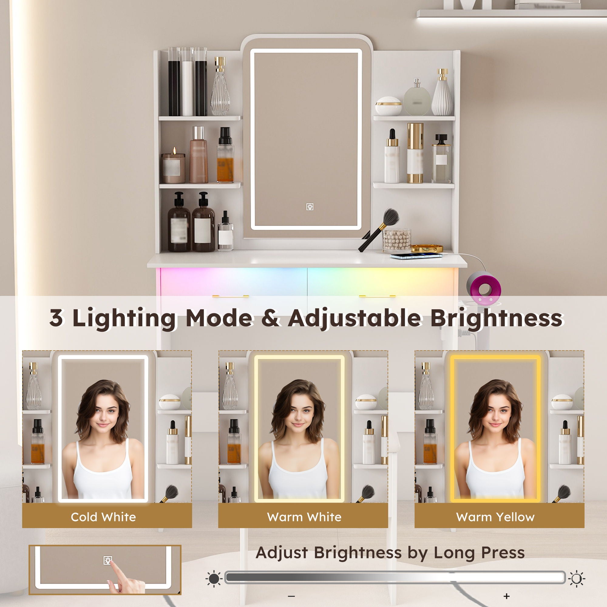 Vanity Desk With LED Lights Mirror, Power Outlet, Storage Drawers & Chair - White