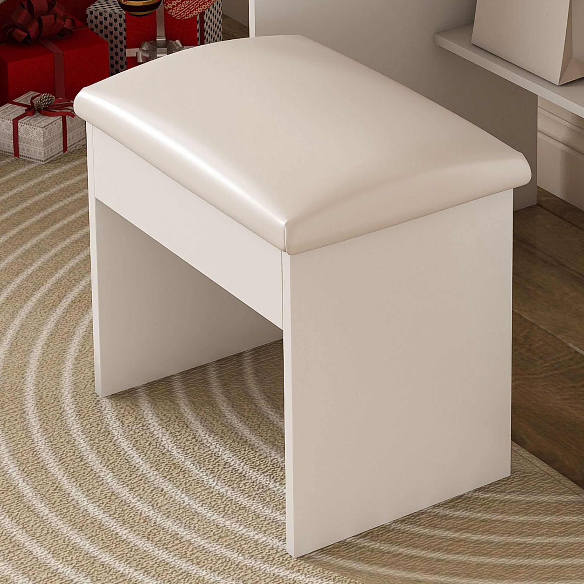 3 Color LED Vanity Mirror With Stool, 2 Drawers & 5 Storage Cabinets, Adjustable Lighting - White