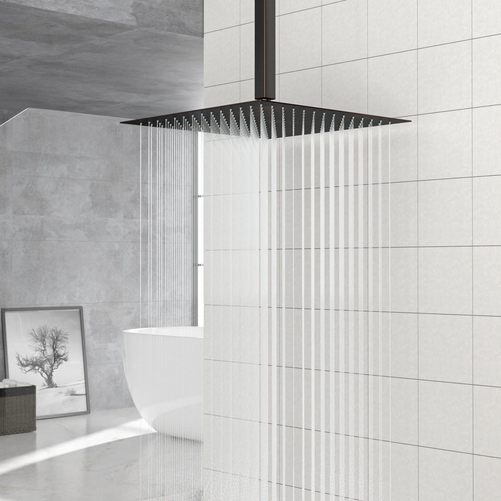 16" Square Rainfall Shower Head Fixed Wall Mount With Full Body Coverage & Self Cleaning Silicone Nozzles