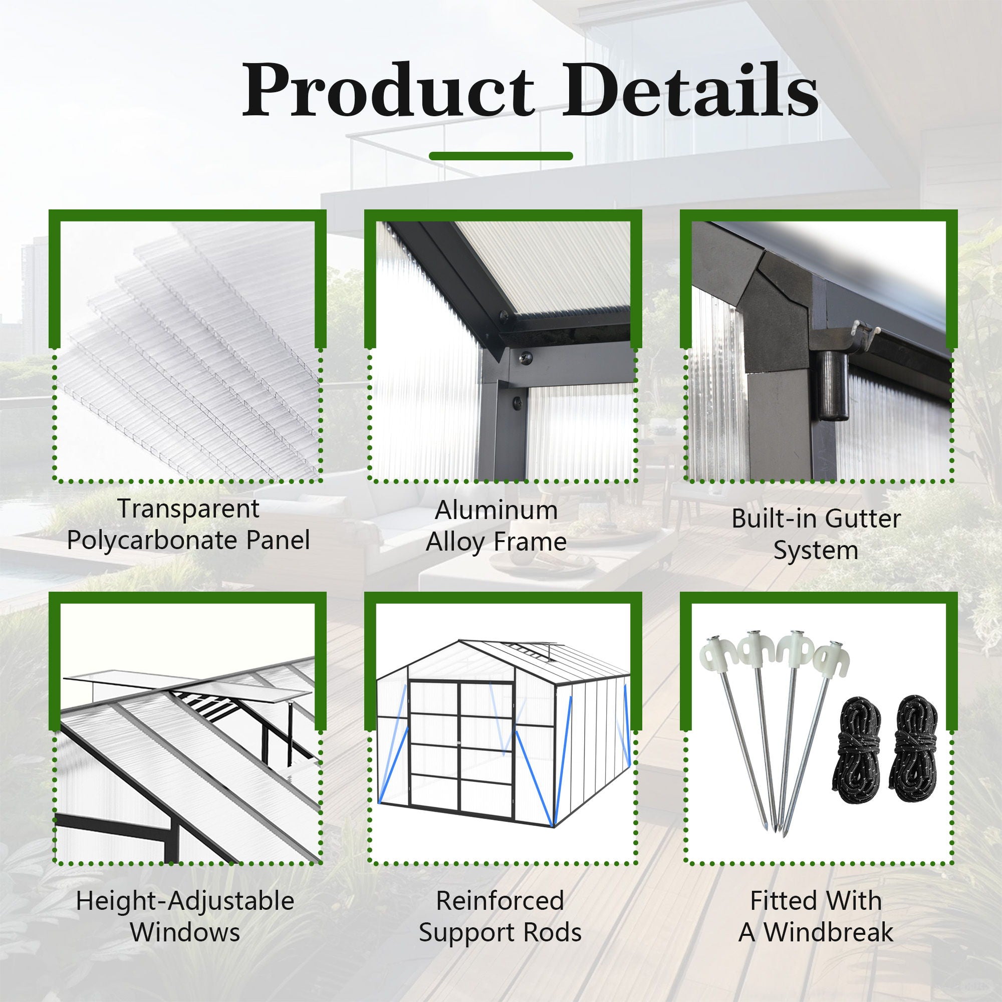 Gain Height Windproof Aluminum Greenhouse With Raised Base