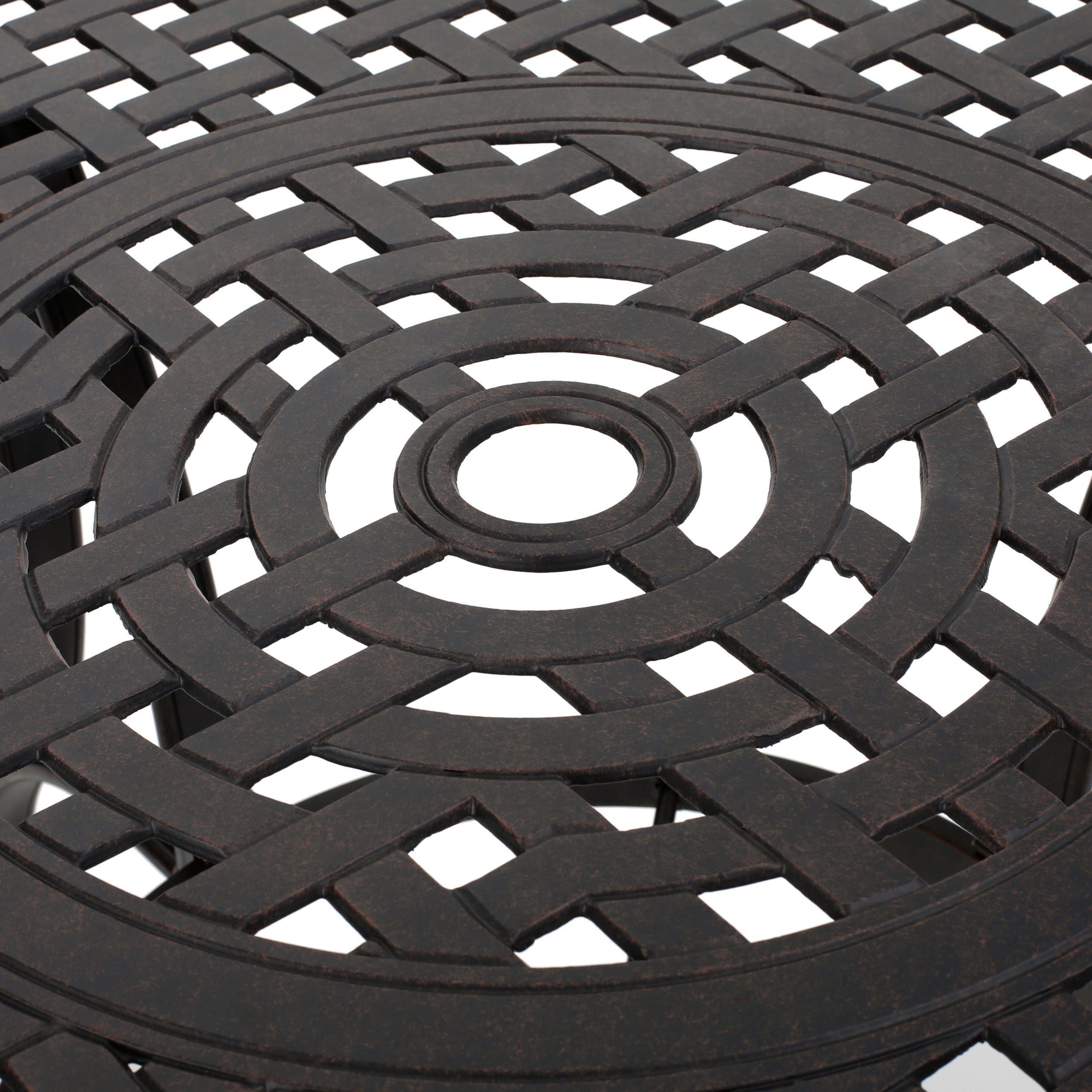 Outdoor cast aluminum circular dining table, bronze
