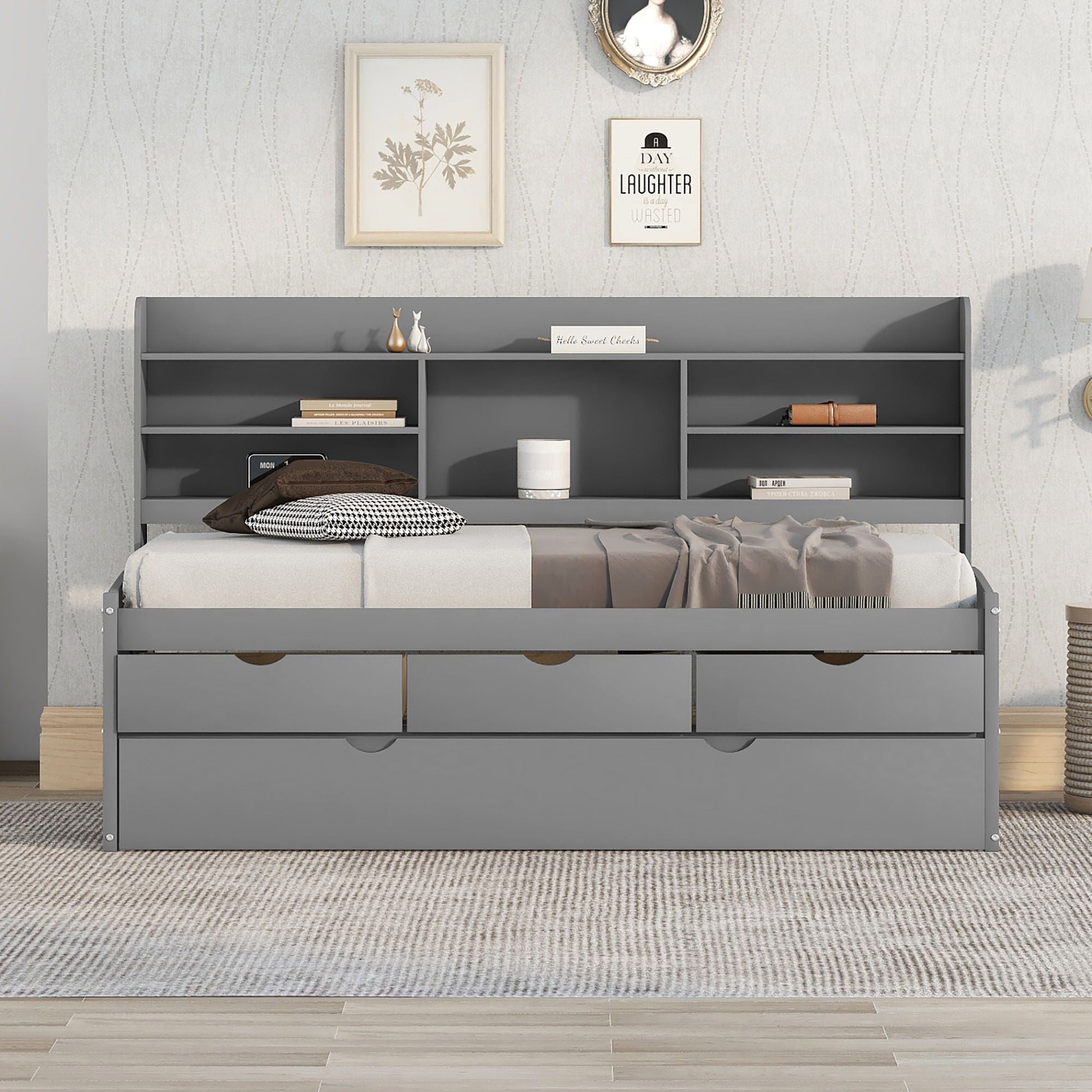 Captain Bed With Built In Bookshelves, 3 Storage Drawers, And Trundle