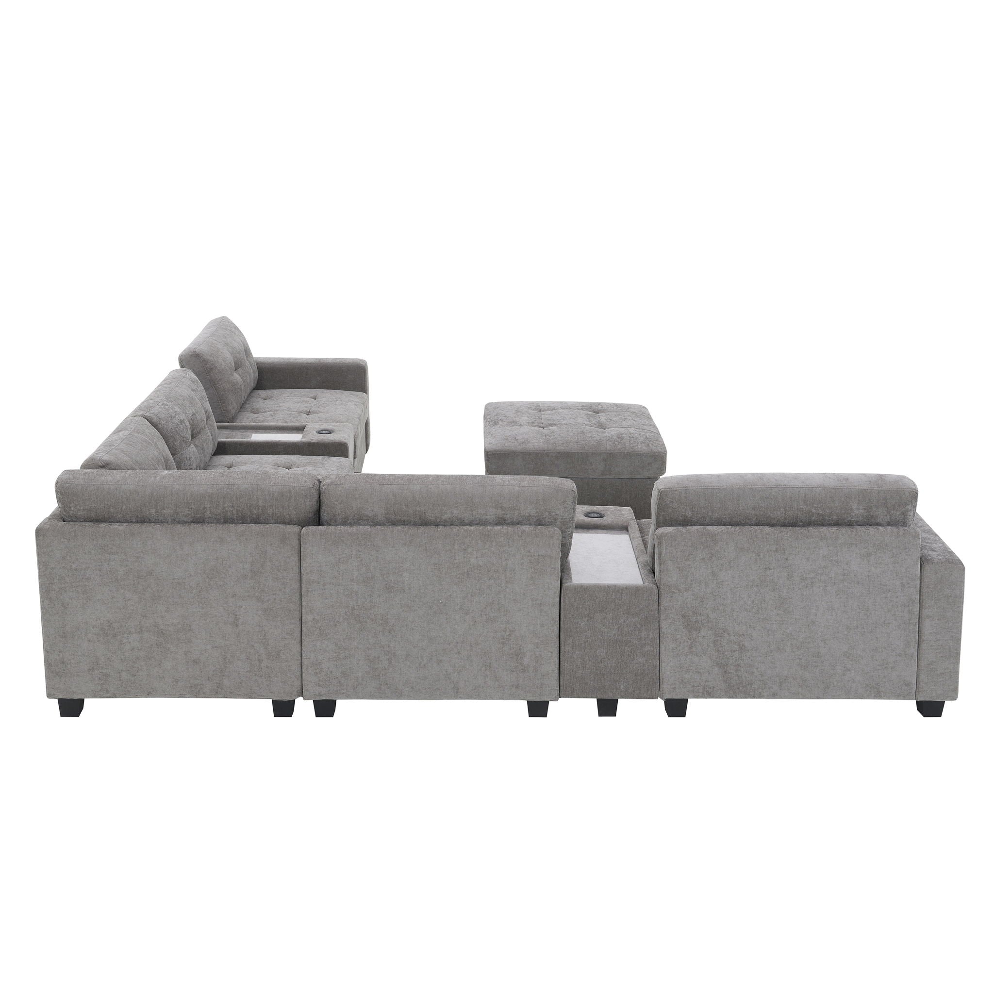 Sectional With Acrylic Table Top U Shaped Couch Set With 2 Consoles USB Charger, Storage Drawers And Pockets Movable Ottoman Tufted Sofa