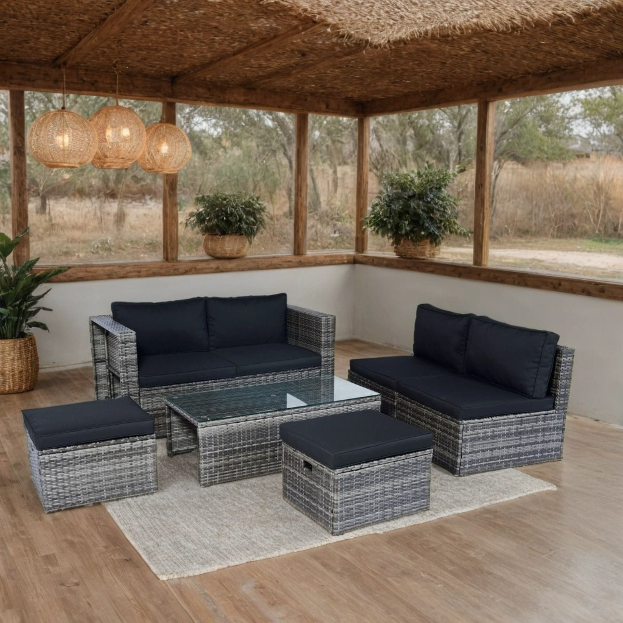 6 Piece Patio Wicker Sectional Set Patio Backyard Conversation Set Space Saving - Gray / Black