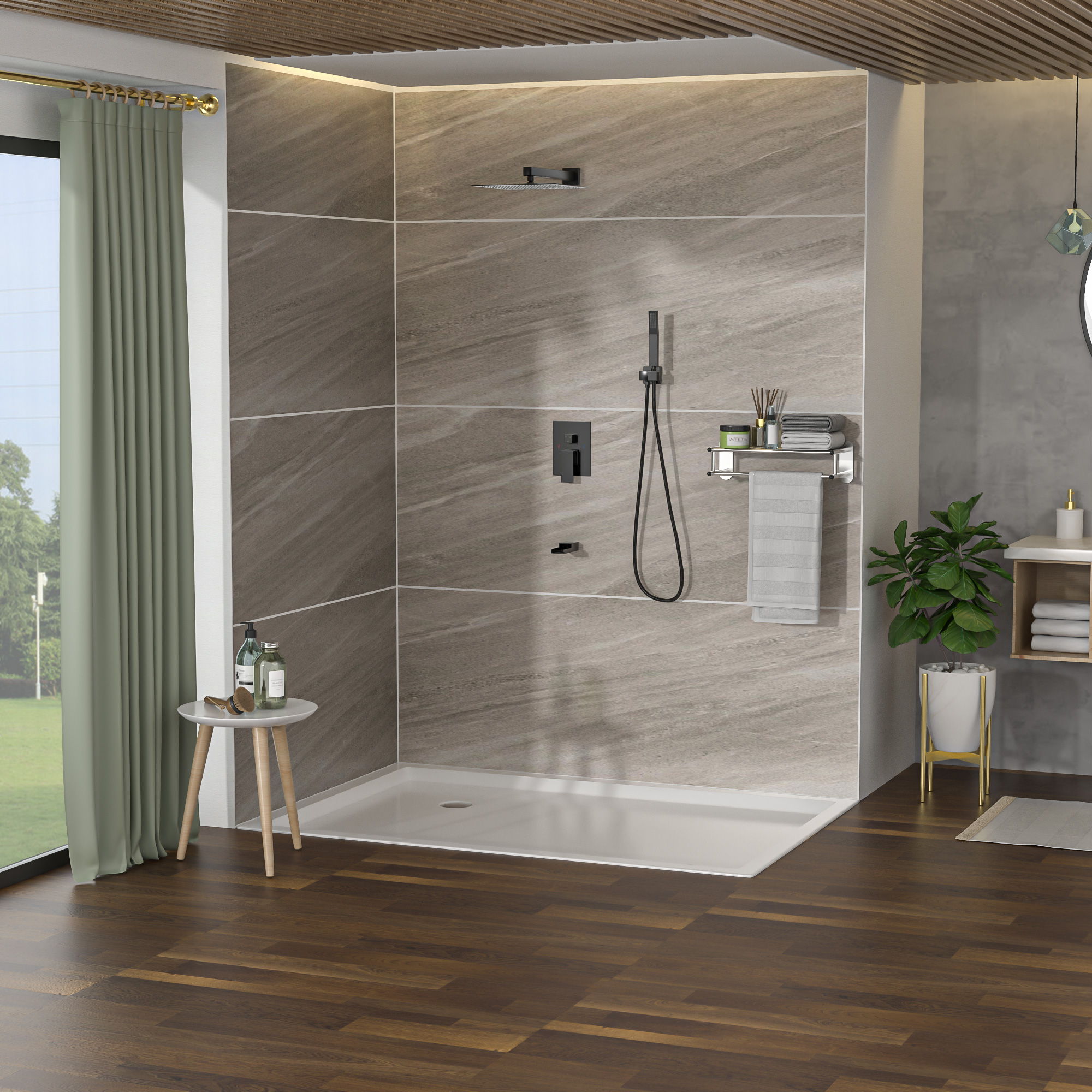 Wall Mounted Square Shower System With Rainfall Tub Spout And Handheld Shower, 10" - Matte Black