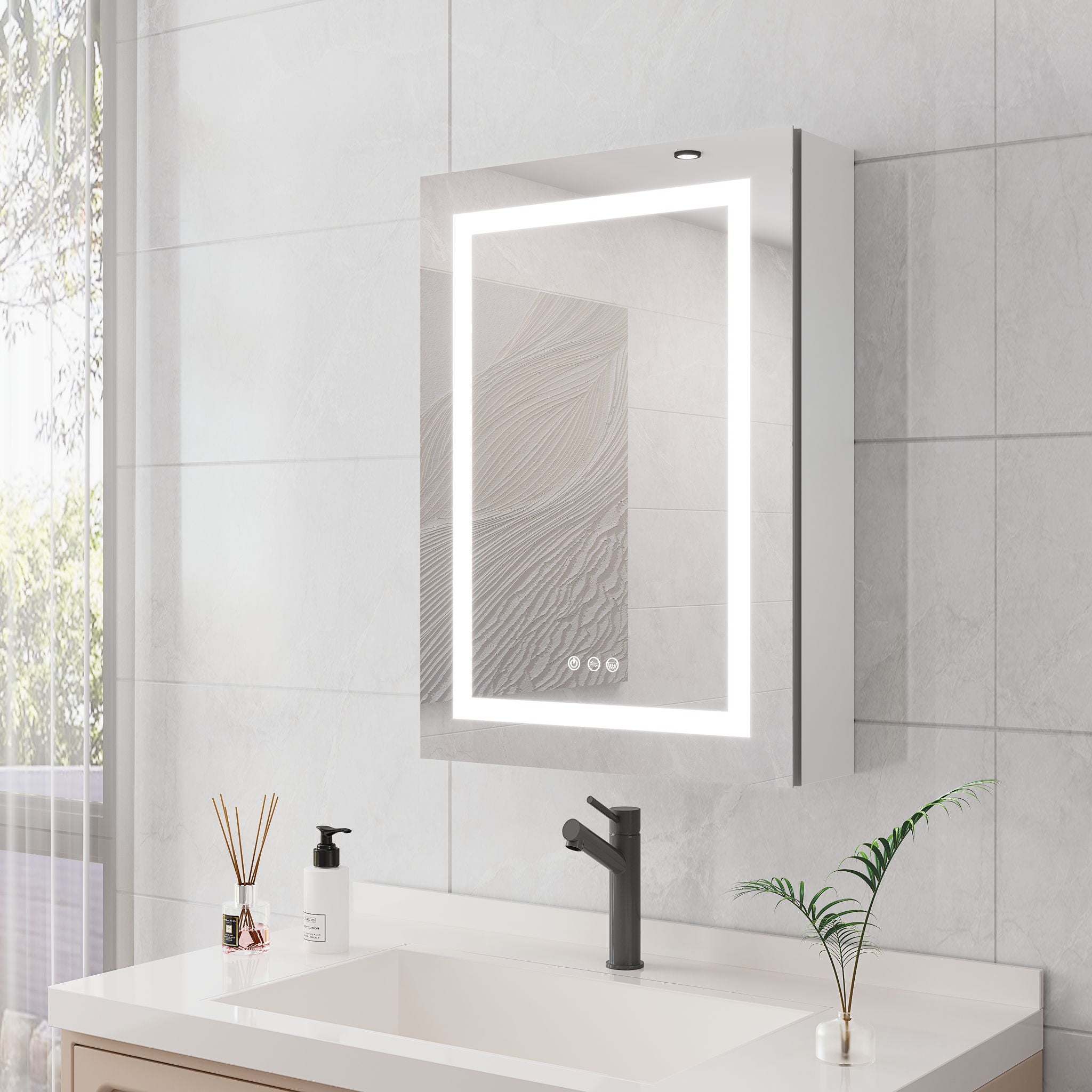 20 X 28" Bathroom Medicine Cabinet With Mirror Wall Mounted LED Bathroom Mirror Cabinet With Lights, Anti-Fog, Waterproof, Dimmable, 3000K~6000K, Single Door, Touch Swich, Storage Shelves - Silver