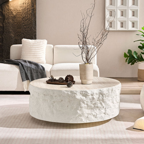 35.43''Fiberglass Round Center Coffee Table for Living Room Vintage Table,Imitation Stone Table front of the Sofa