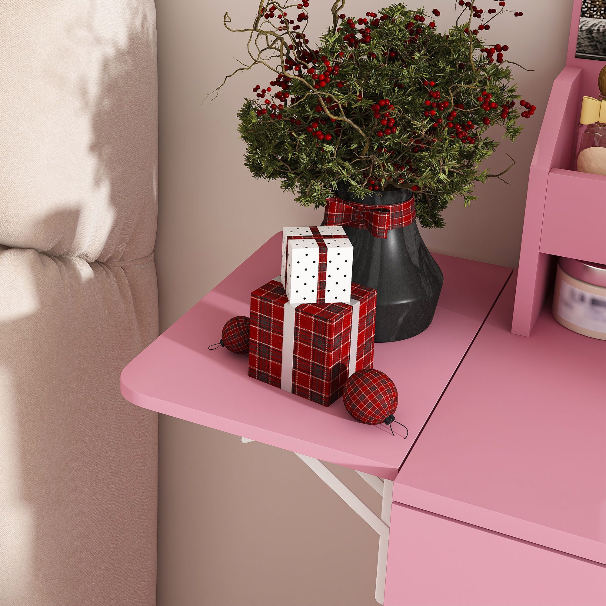 Vanity Desk With LED Mirror Lights And Power Outlet Charging Station, 3 Drawers, 7 Shelves, Storage Stool - Pink