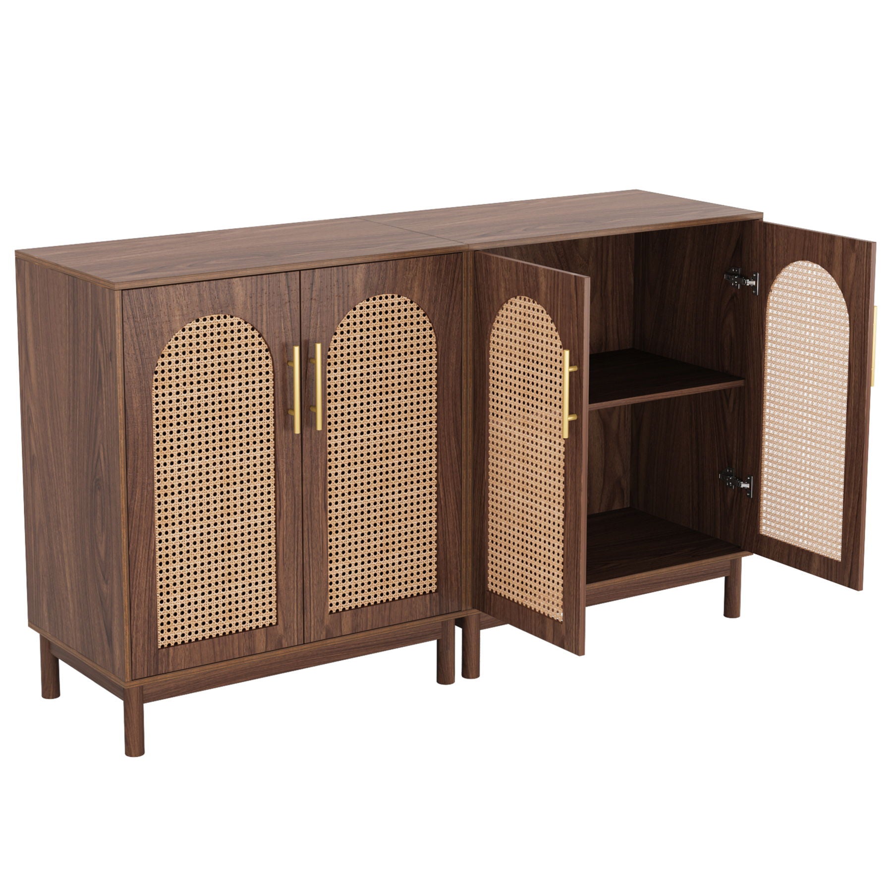 Sideboard Buffet Cabinet With Handwoven Rattan Doors (Set of 2) - Dark Brown