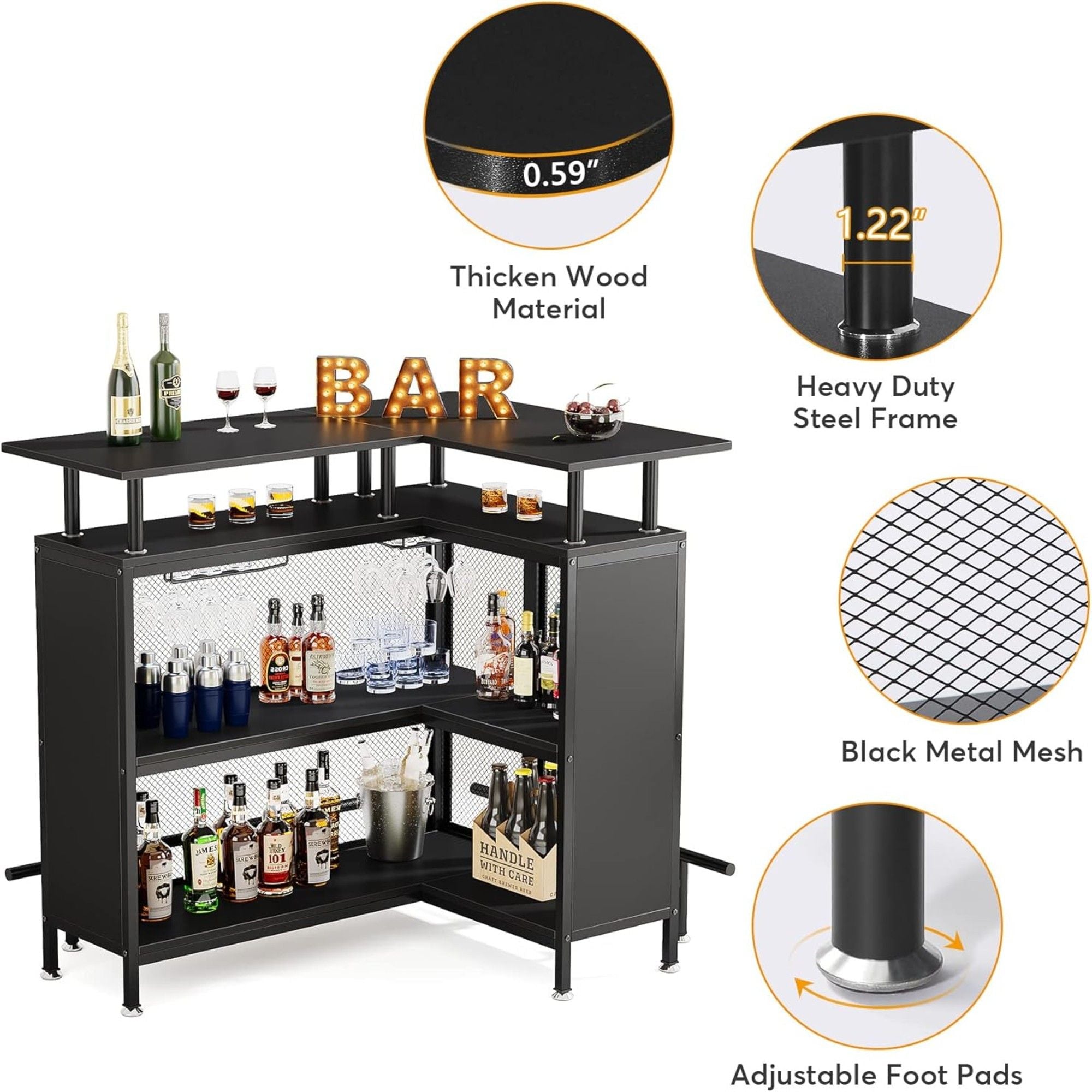 L Shaped Home Mini Bar Table With 2 Tier Shelves & Glass Racks - Black