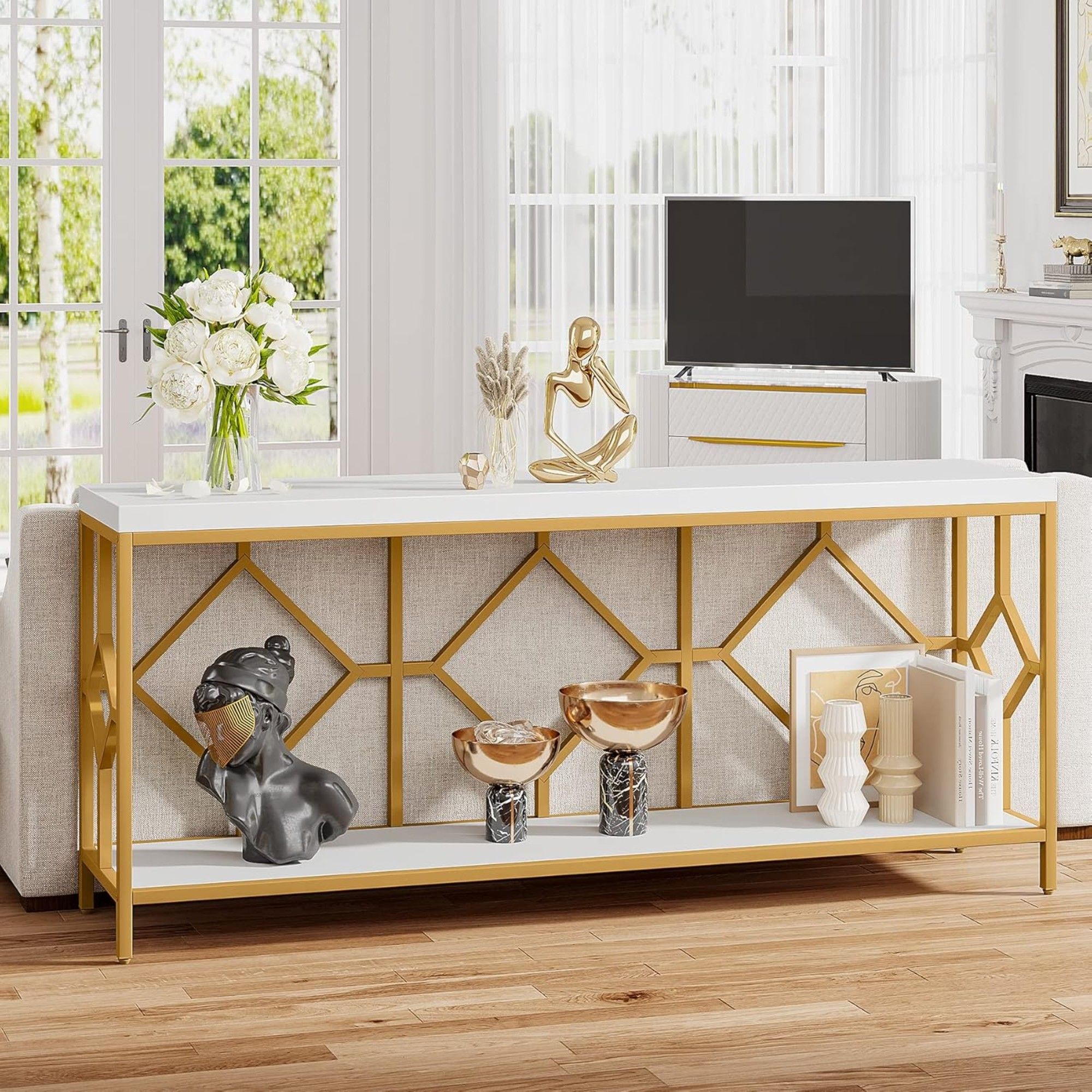 Extra Long Sofa Table With Diamond Pattern Frame, 2 Tier Open Storage For Living Room - White / Gold