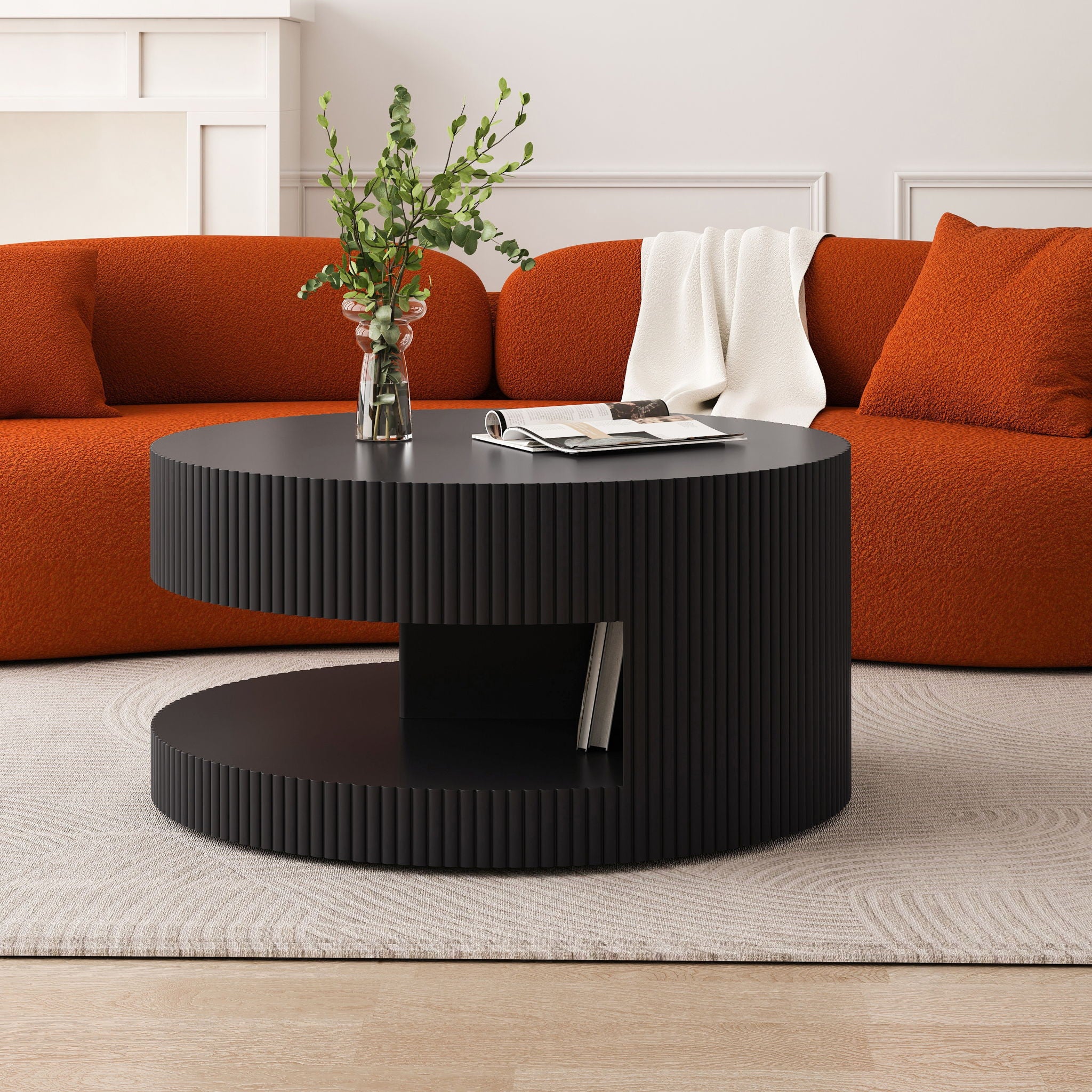 Round Coffee Table With Storage, Vertical Stripe Design