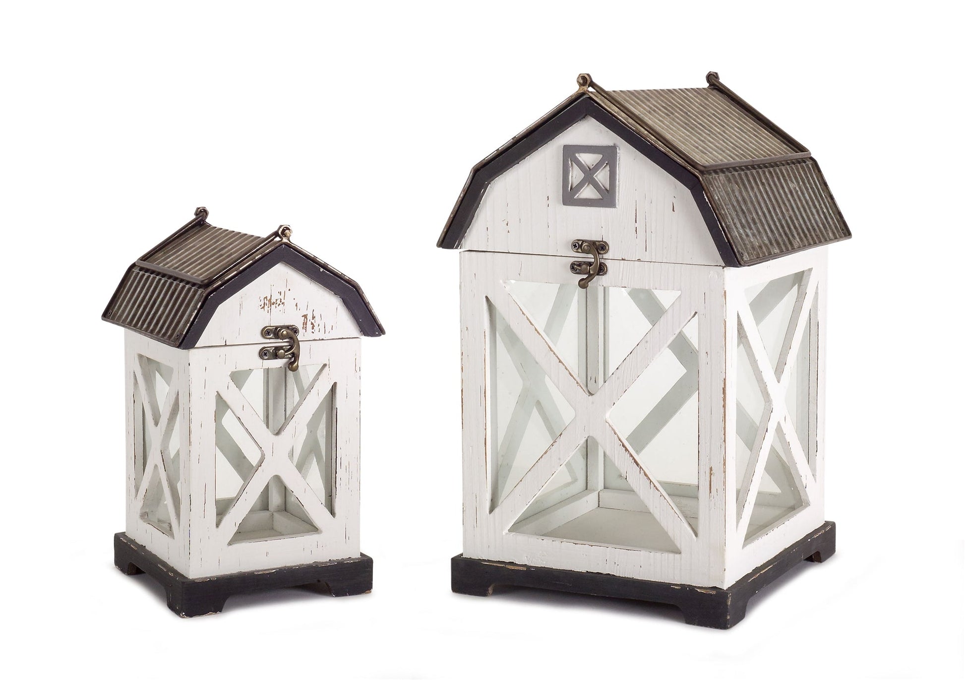 Distressed-White-Wood-Barn-Style-Lantern-(Set-of-2)-Outdoor-Lighting