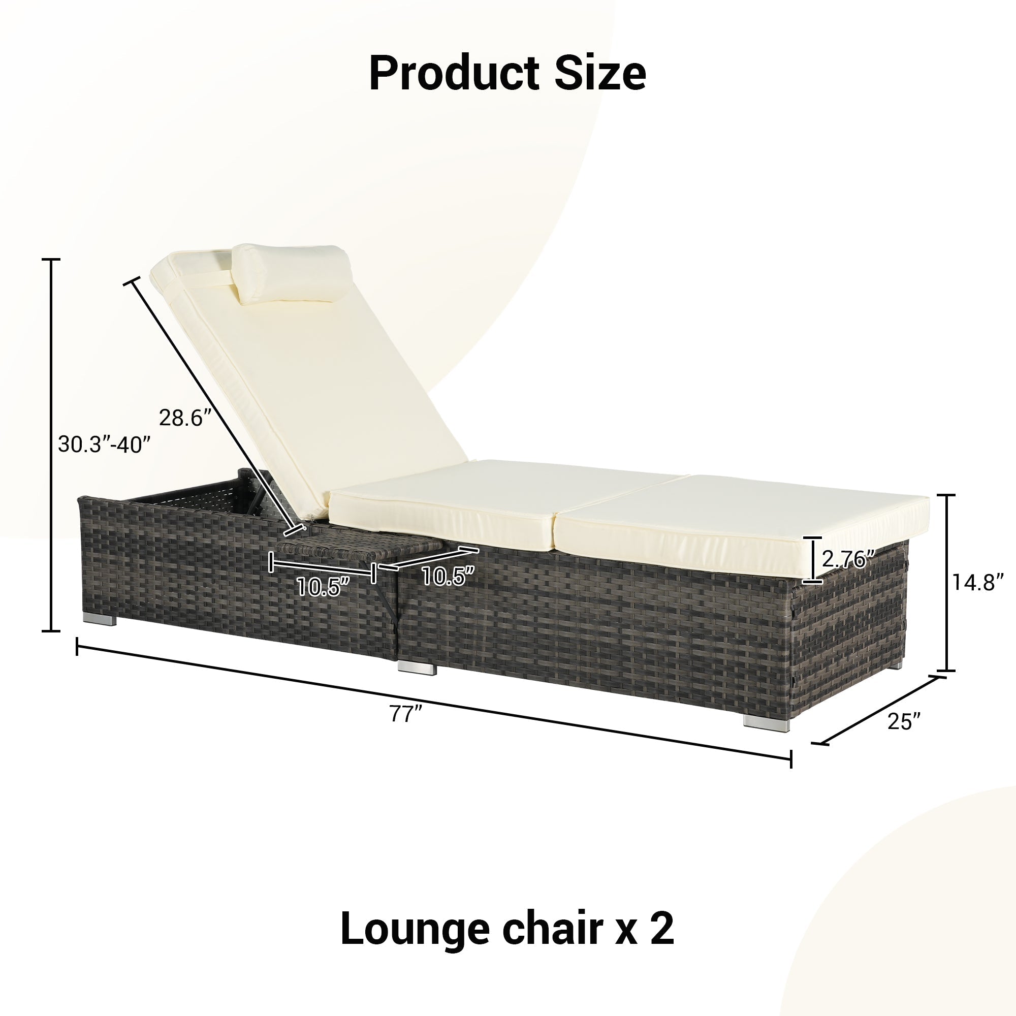Outdoor Chaise Lounge Chair Set of 2 with Storage Patio Pool Chairs Tanning Lounges for Outside,Beach Rattan Recliners with Adjustable Backrest, Table, Cushion for Poolside Backyard Garden