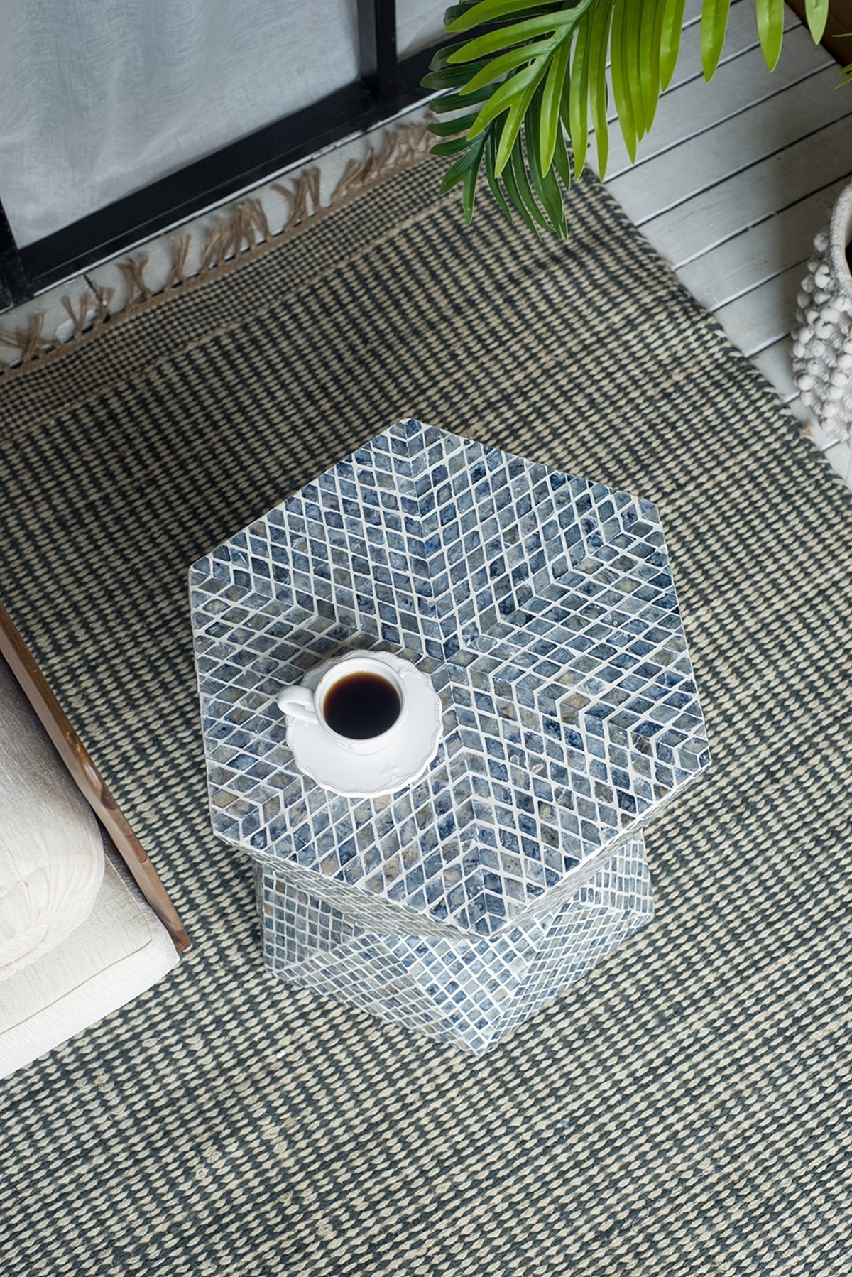 19x19x20" Tapered Blue Garden Capiz Stool, Accent Side Table