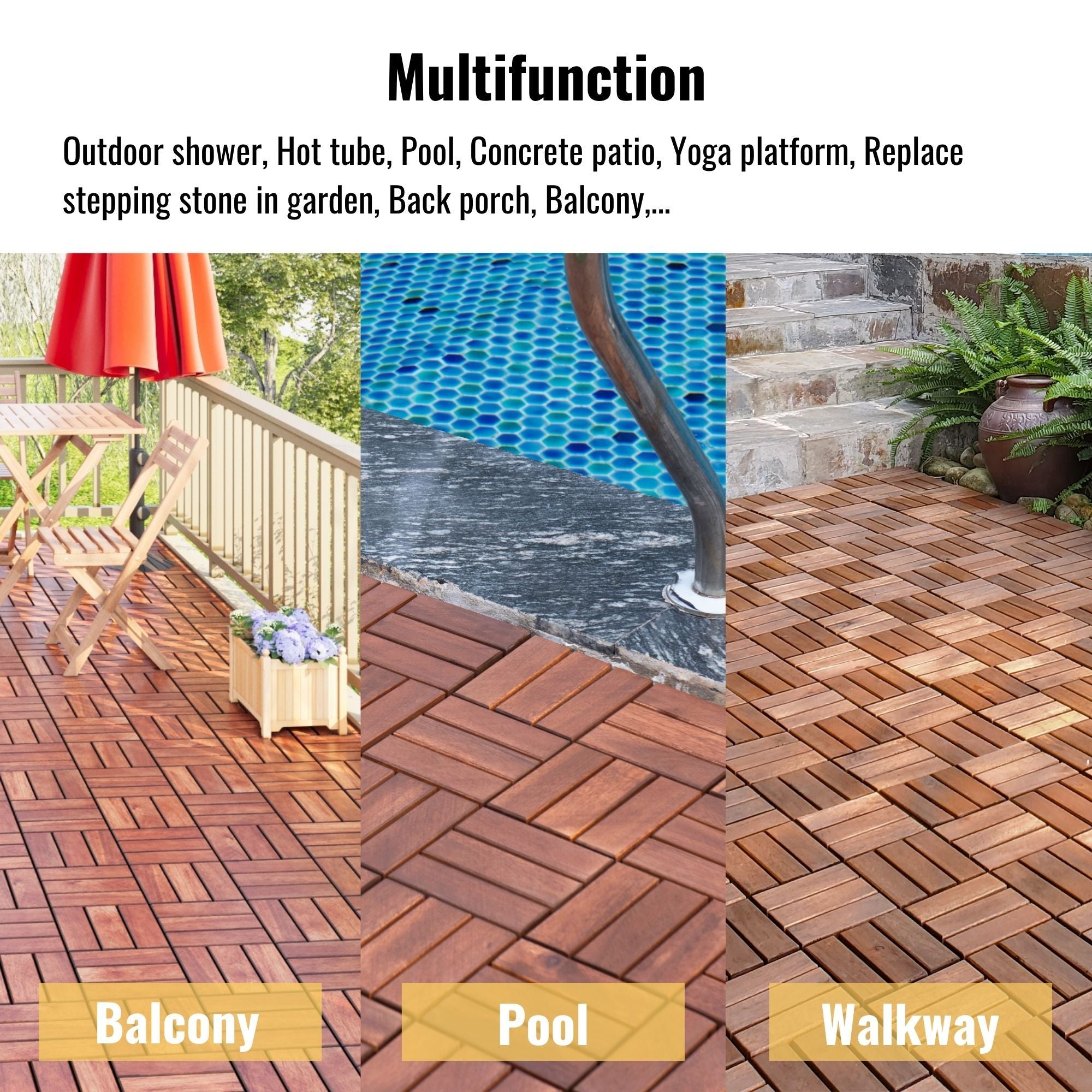 Acacia Wood Interlocking Deck Tiles Checker Pattern For Outdoor Flooring
