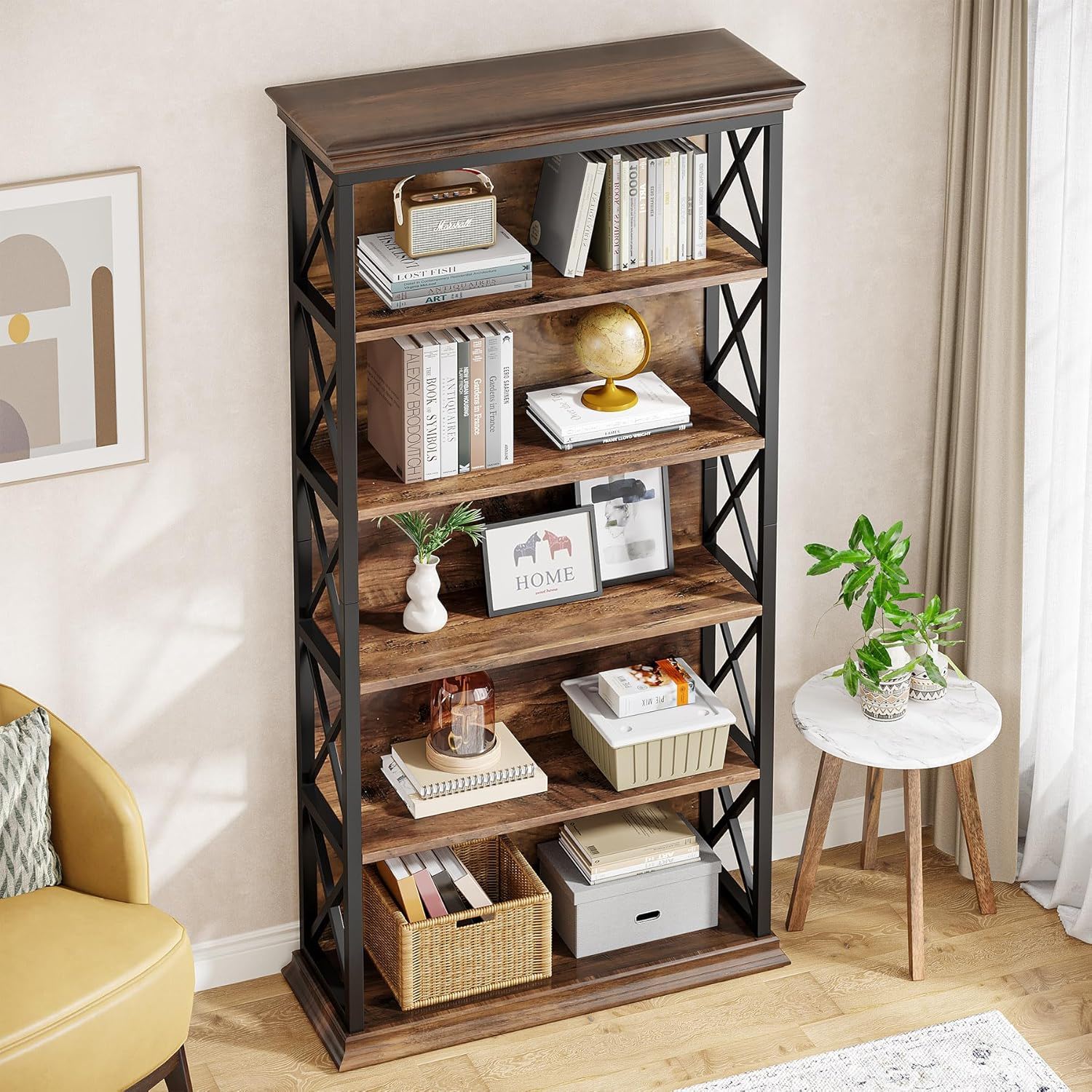 6 Tier Industrial Brown & Bookshelf With X Pattern Design - Rustic Brown