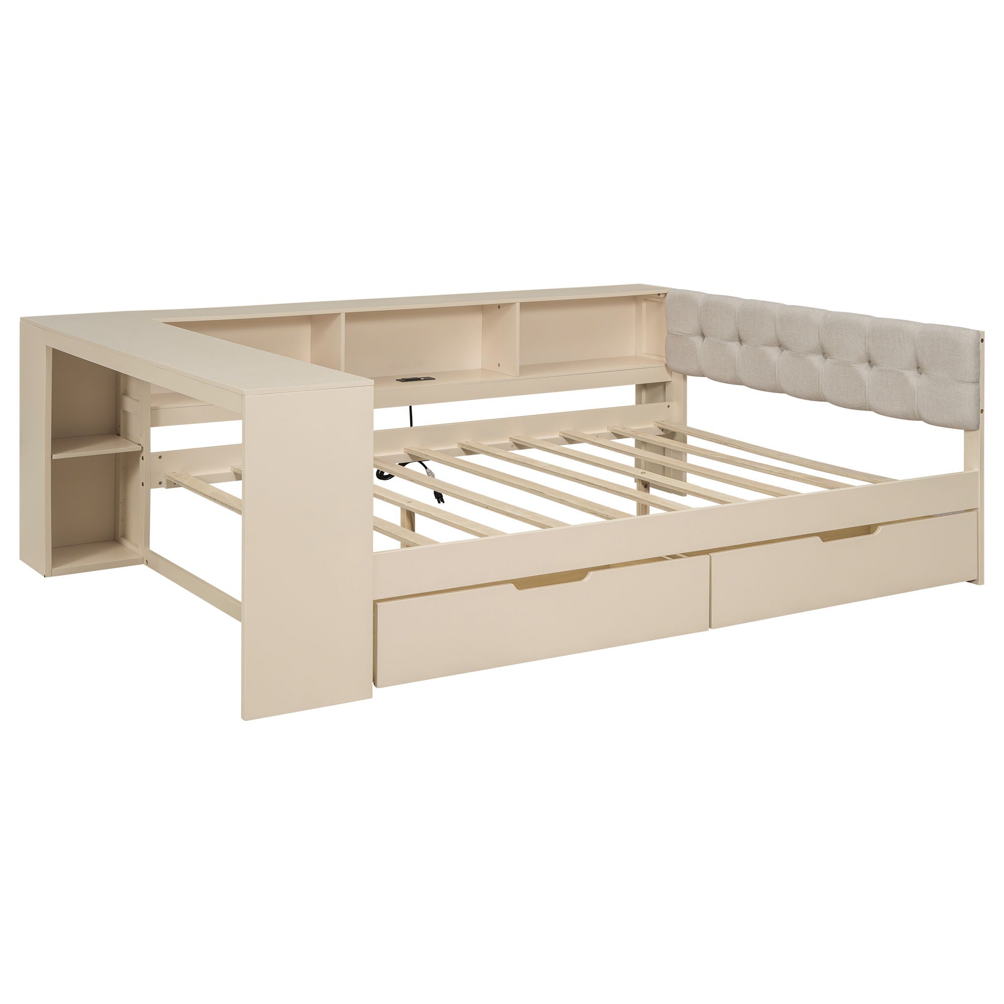 Upholstered Headboard Platform Bed With Storage Shelves, Drawers, Charging Station