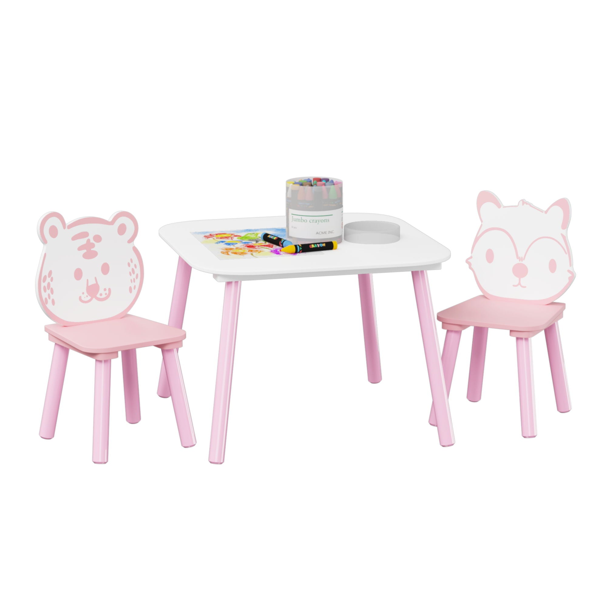 Table And Chair Set, 3 Piece Wooden Toddler Desk With Animal Backrest - Pink / White