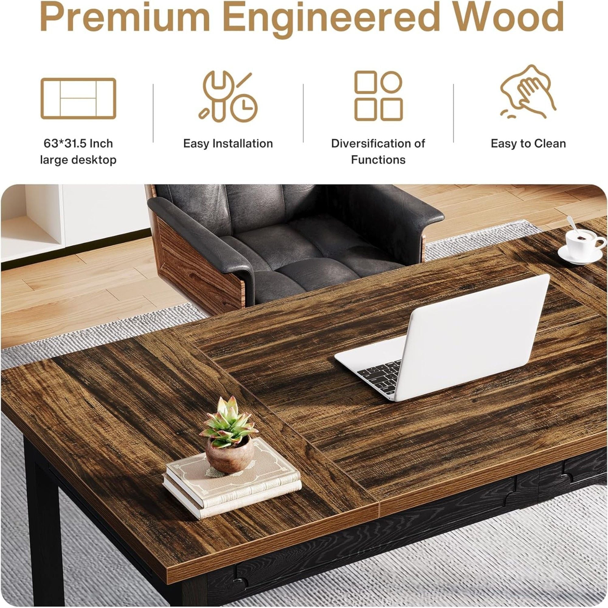 Executive Office Desk, Computer Table With Thick Top - Brown / Black