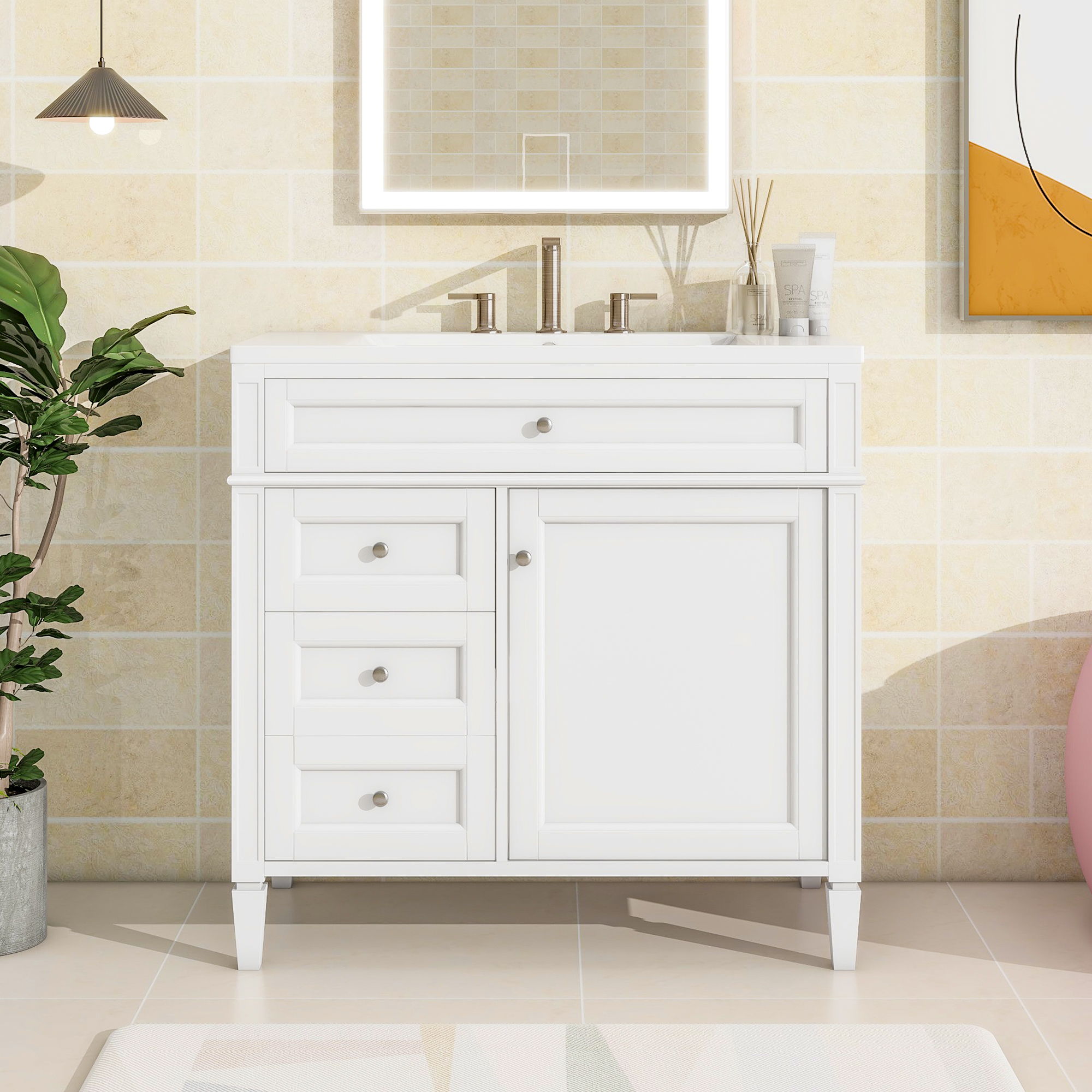 Bathroom Vanity With Top Sink, 2 Drawers And Tip Out Drawer, Rectangular Design