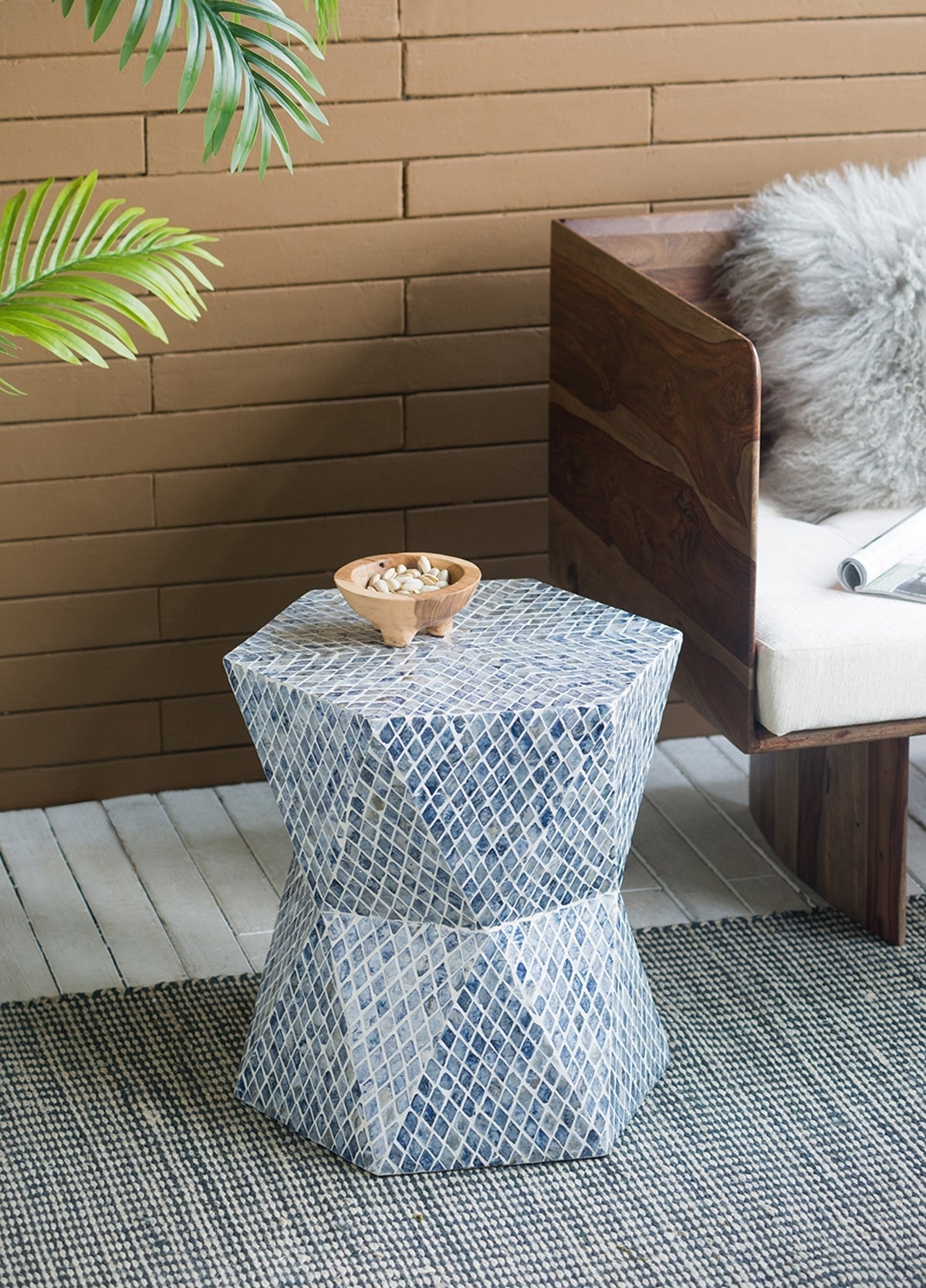 19x19x20" Tapered Blue Garden Capiz Stool, Accent Side Table